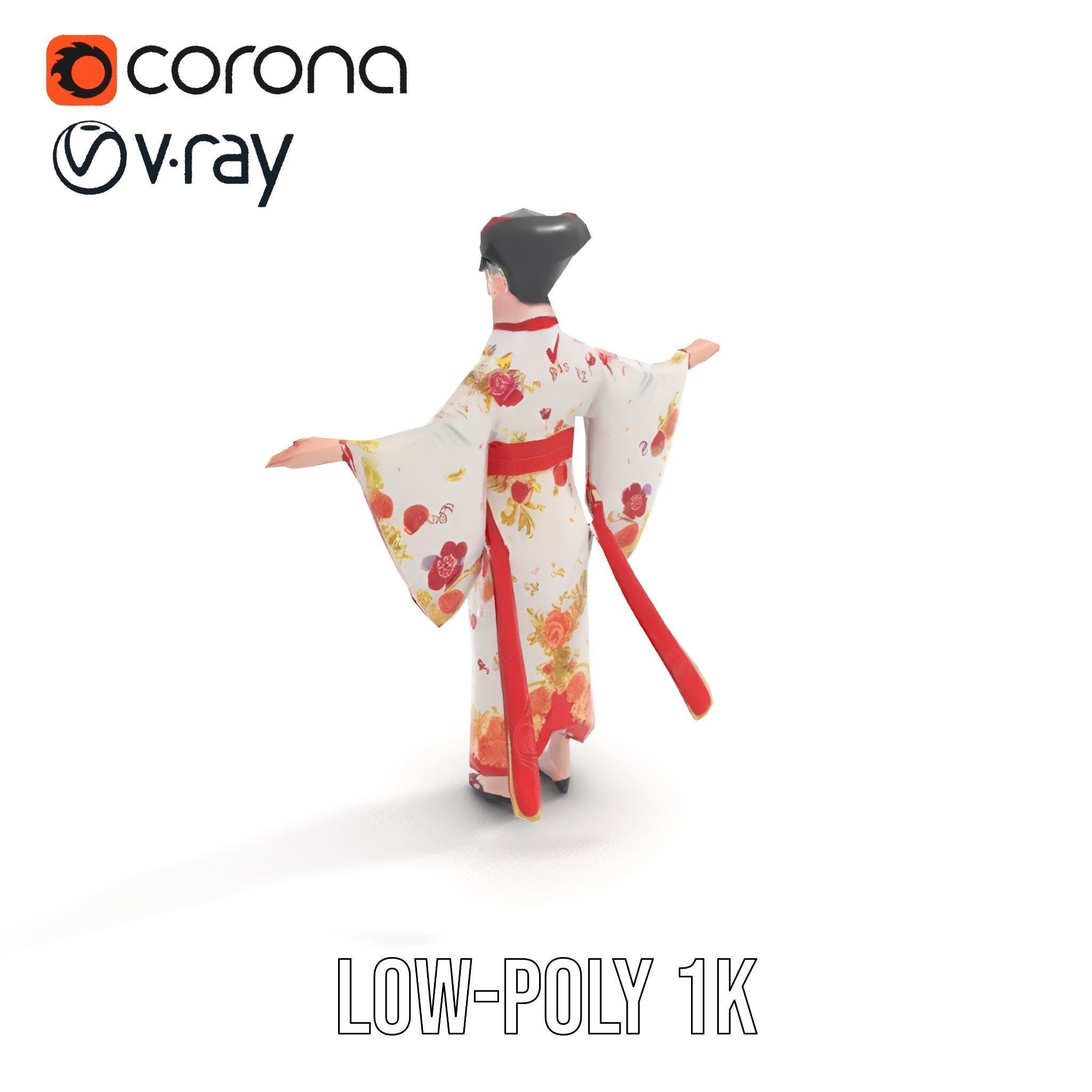 Elegant Kimono Female Character Rigged and Animated Low-poly 3D model_15
