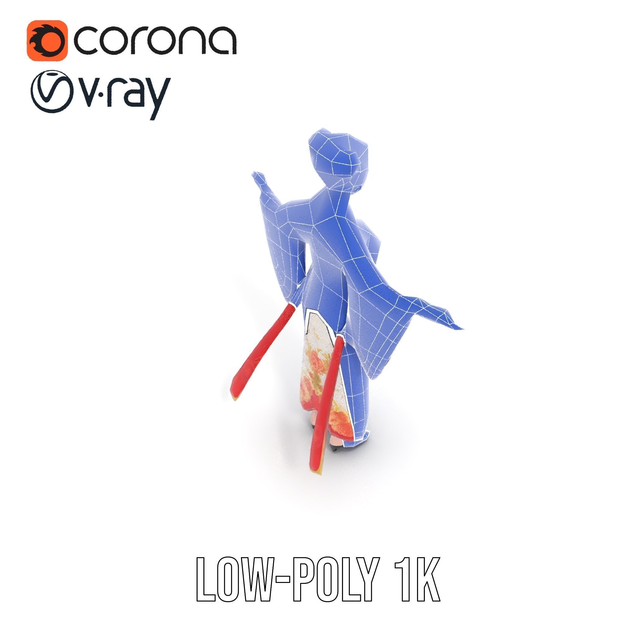 Elegant Kimono Female Character Rigged and Animated Low-poly 3D model_18