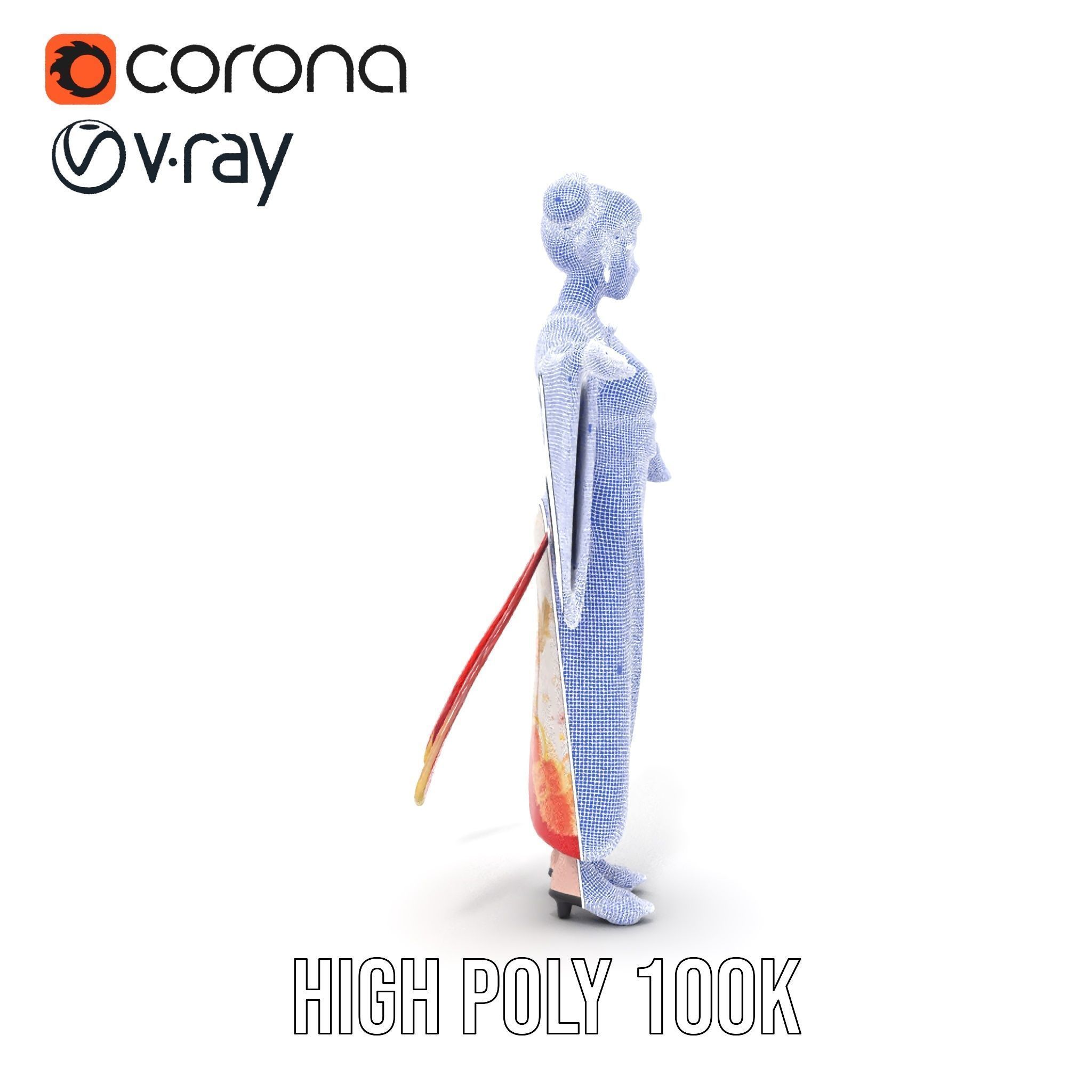 Elegant Kimono Female Character Rigged and Animated Low-poly 3D model_28