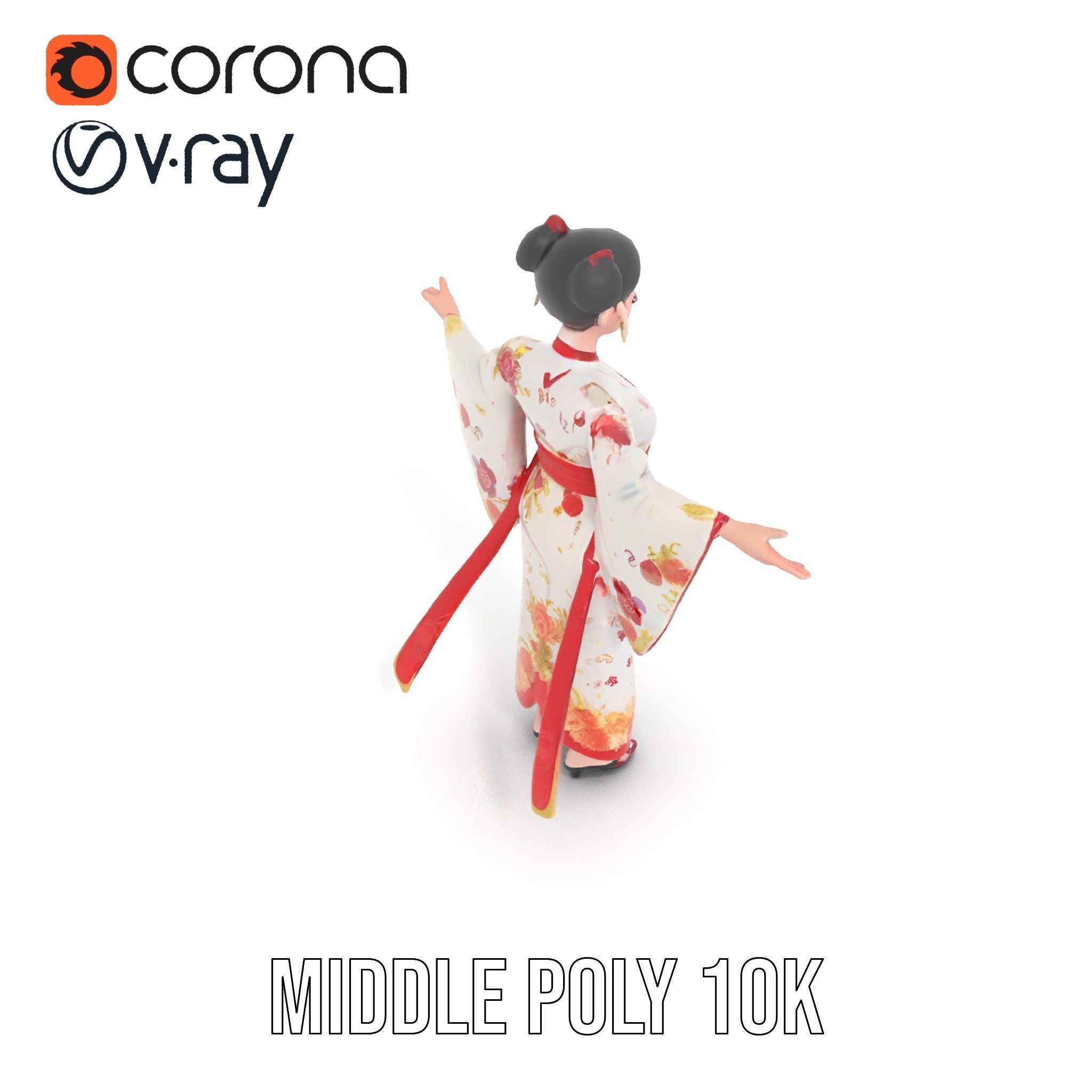 Elegant Kimono Female Character Rigged and Animated Low-poly 3D model_10