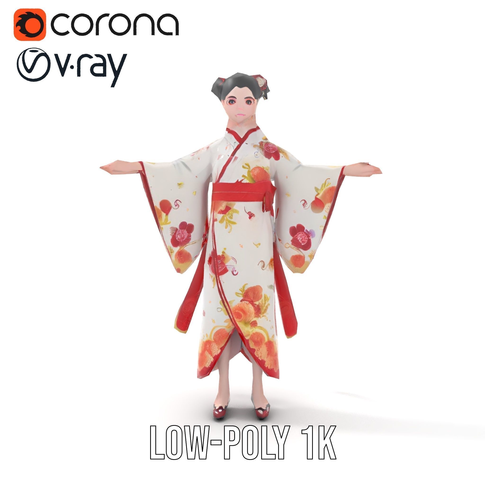 Elegant Kimono Female Character Rigged and Animated Low-poly 3D model_7