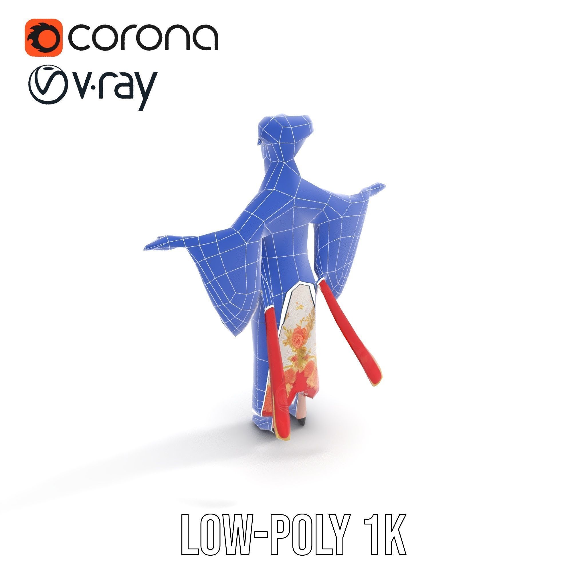 Elegant Kimono Female Character Rigged and Animated Low-poly 3D model_27