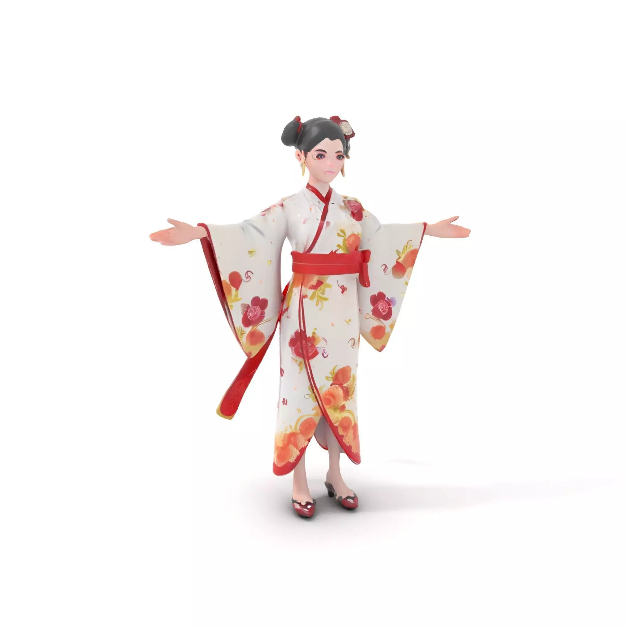 Elegant Kimono Female Character Rigged and Animated Low-poly 3D model_0