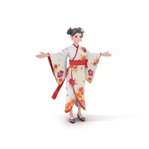 Elegant Kimono Female Character Rigged and Animated Low-poly 3D model