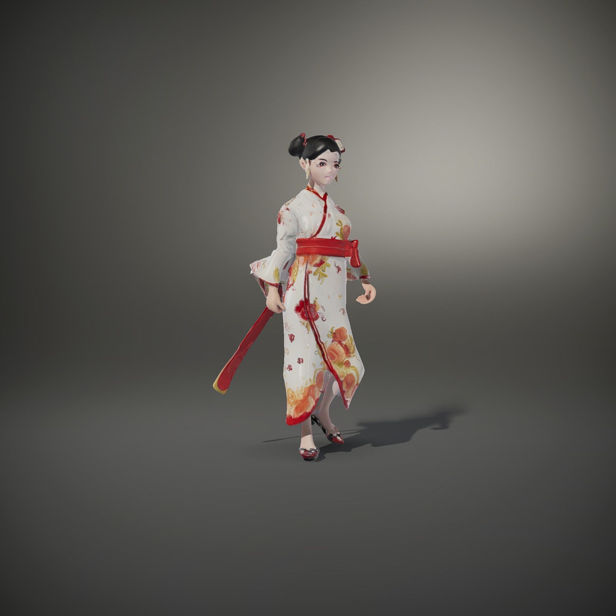 Elegant Kimono Female Character Rigged and Animated Low-poly 3D model_35