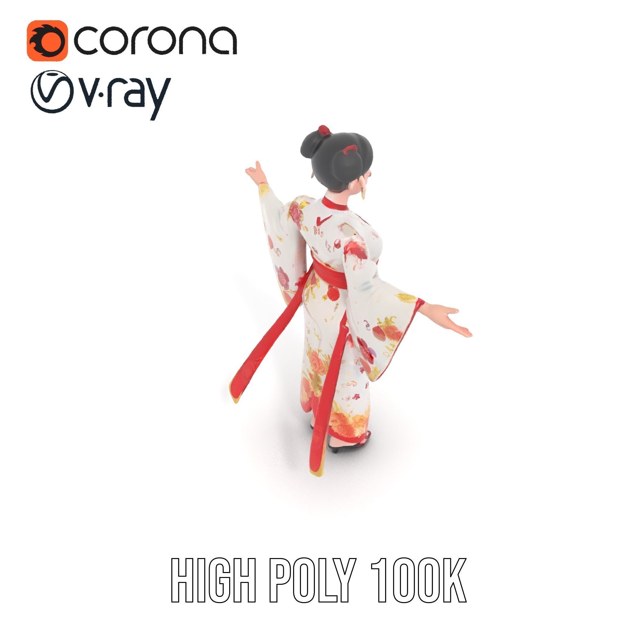 Elegant Kimono Female Character Rigged and Animated Low-poly 3D model_9