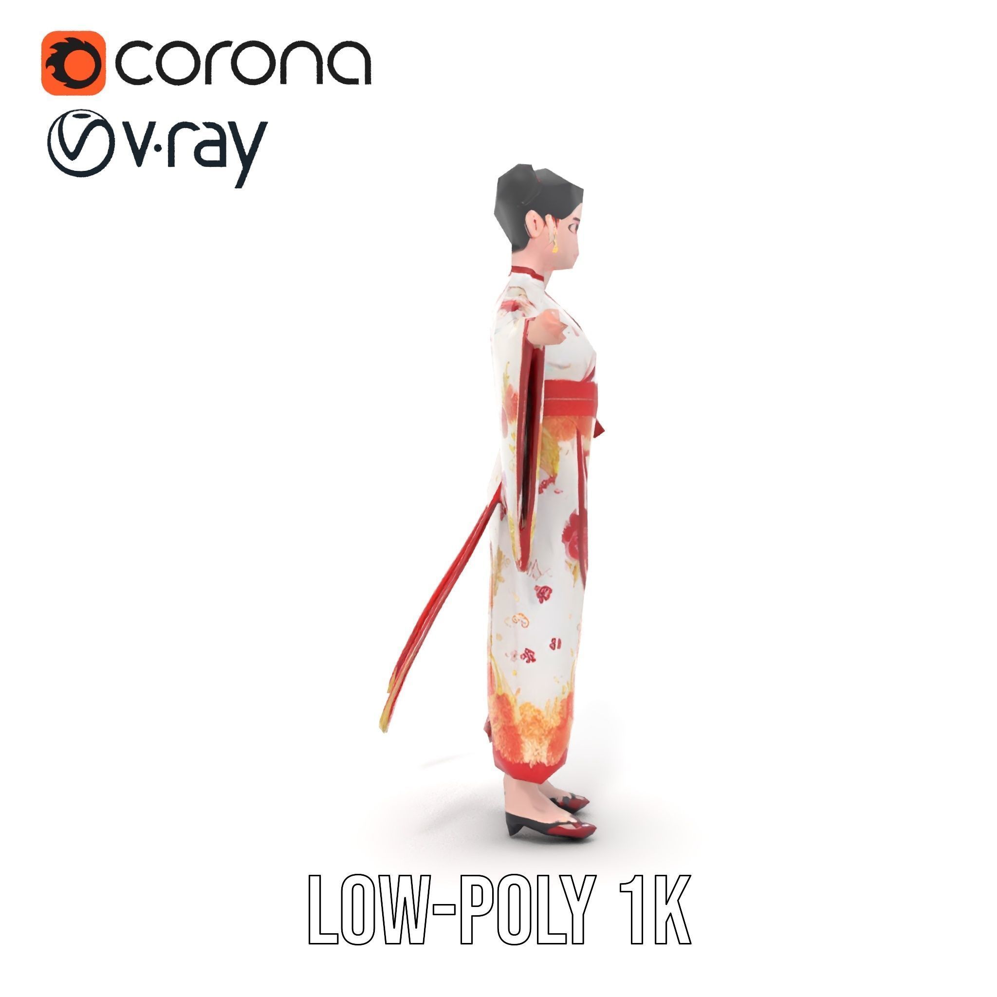 Elegant Kimono Female Character Rigged and Animated Low-poly 3D model_8