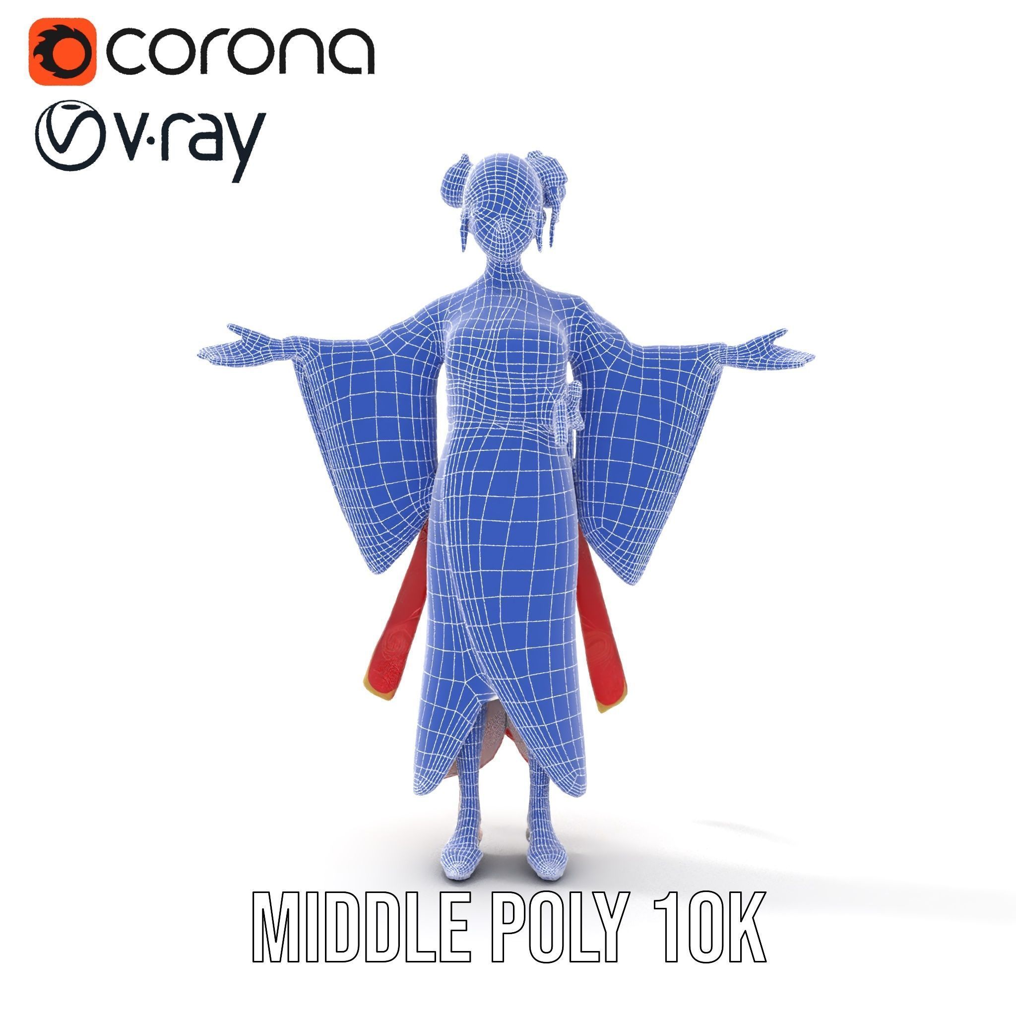 Elegant Kimono Female Character Rigged and Animated Low-poly 3D model_32