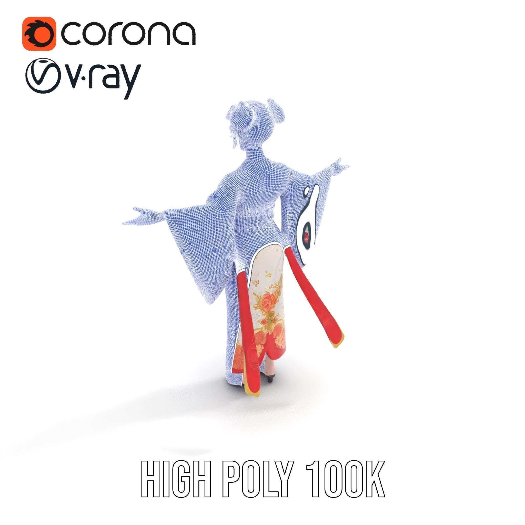 Elegant Kimono Female Character Rigged and Animated Low-poly 3D model_25