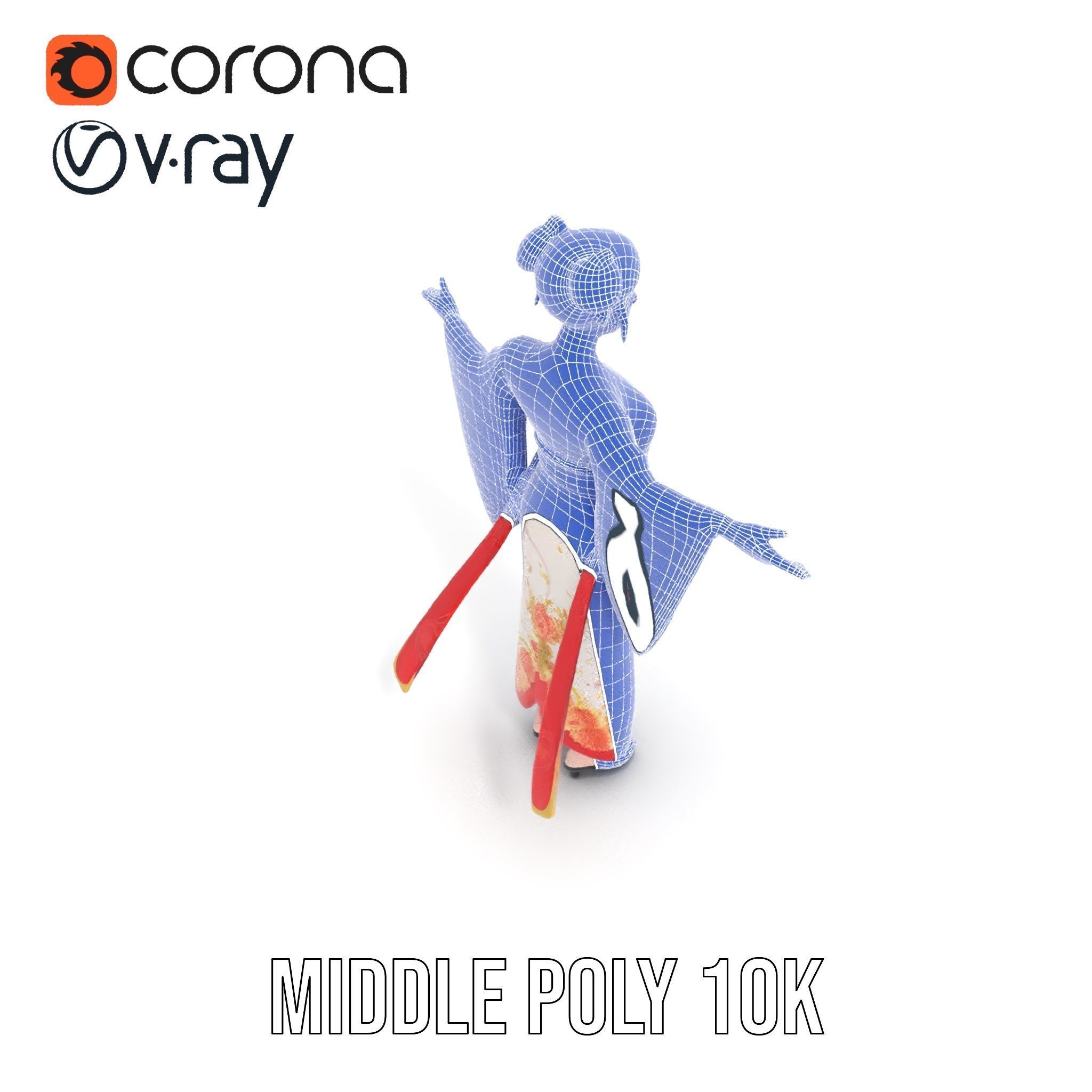 Elegant Kimono Female Character Rigged and Animated Low-poly 3D model_29