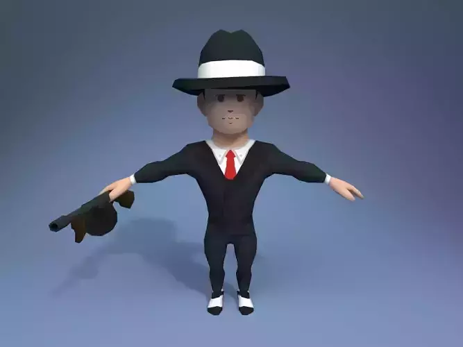 Mobster man in suit and hat Low-poly 3D model