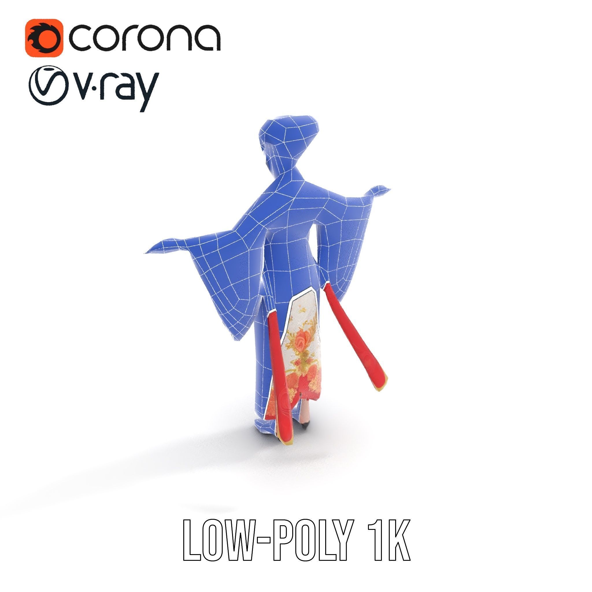 Rigged and Animated Elegant Kimono Character Model Low-poly 3D model_10