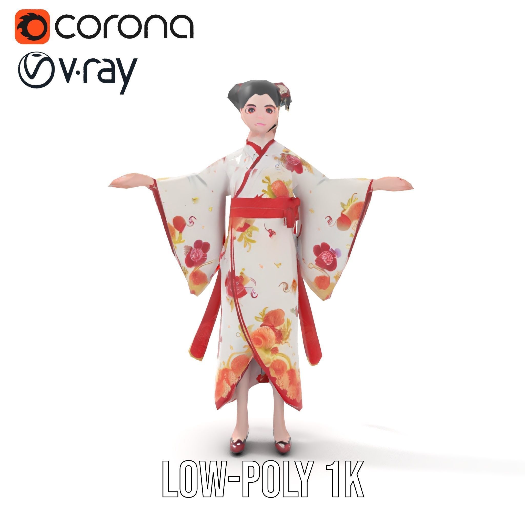 Rigged and Animated Elegant Kimono Character Model Low-poly 3D model_8