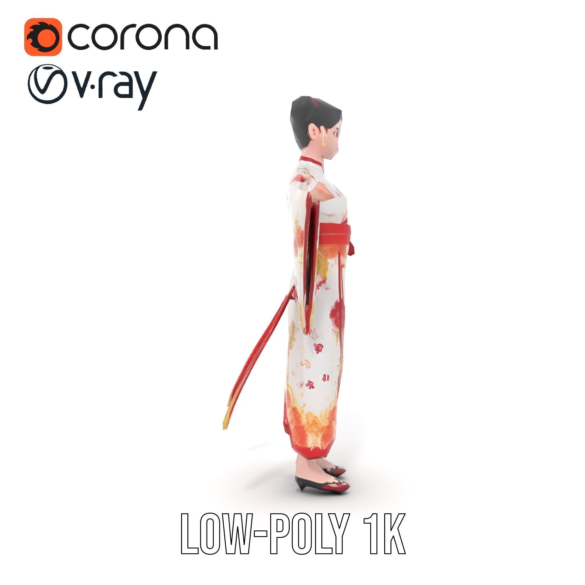 Rigged and Animated Elegant Kimono Character Model Low-poly 3D model_22