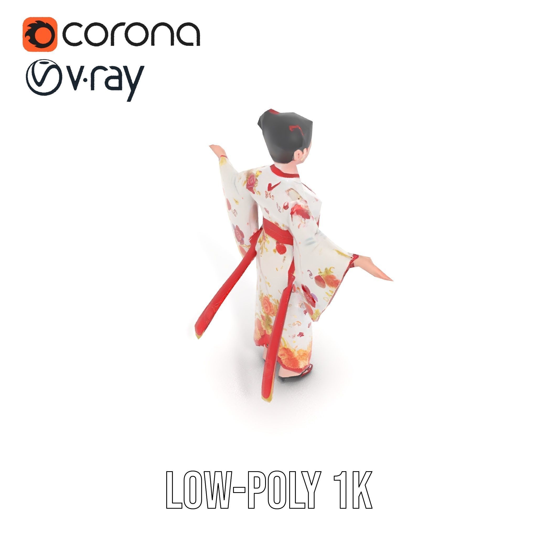 Rigged and Animated Elegant Kimono Character Model Low-poly 3D model_13