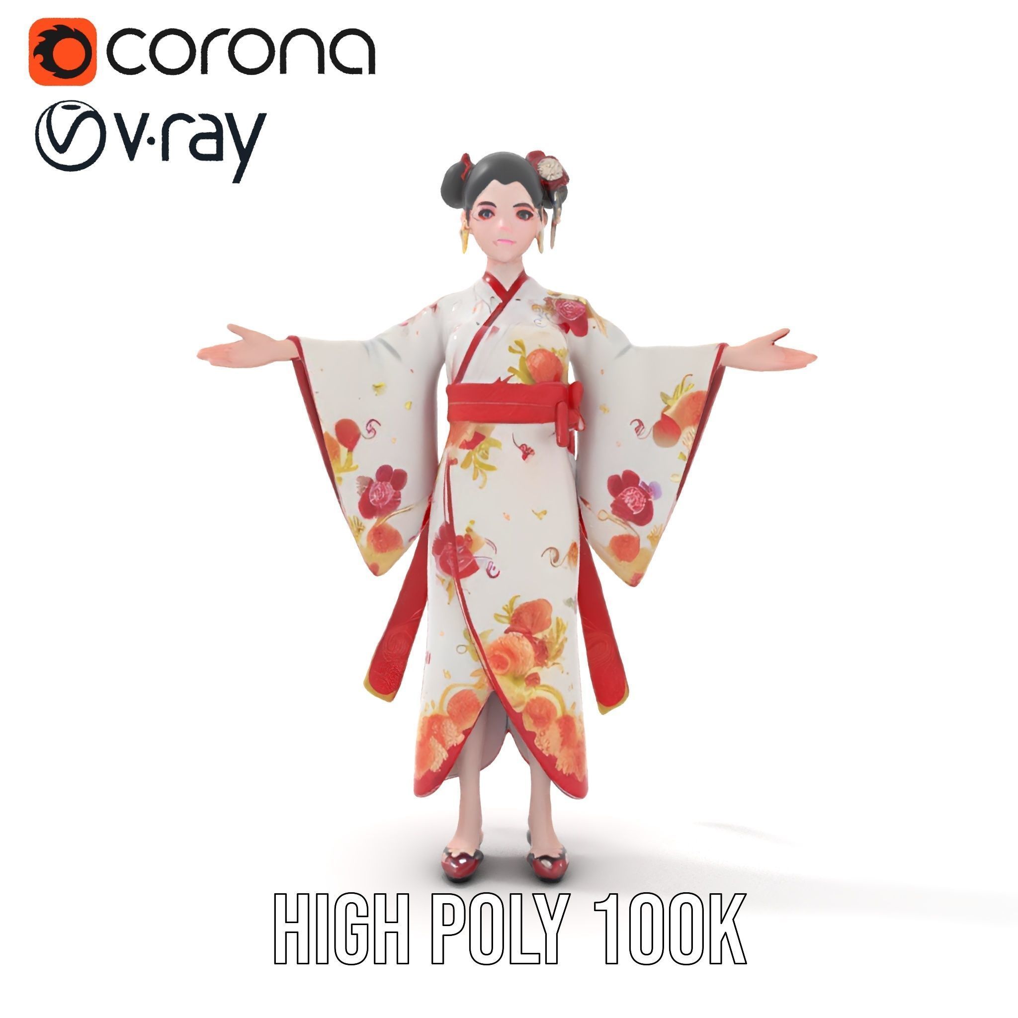 Rigged and Animated Elegant Kimono Character Model Low-poly 3D model_28