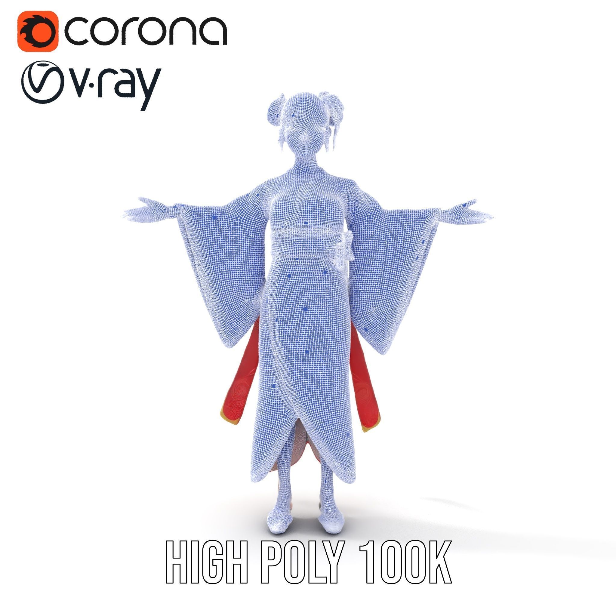 Rigged and Animated Elegant Kimono Character Model Low-poly 3D model_33