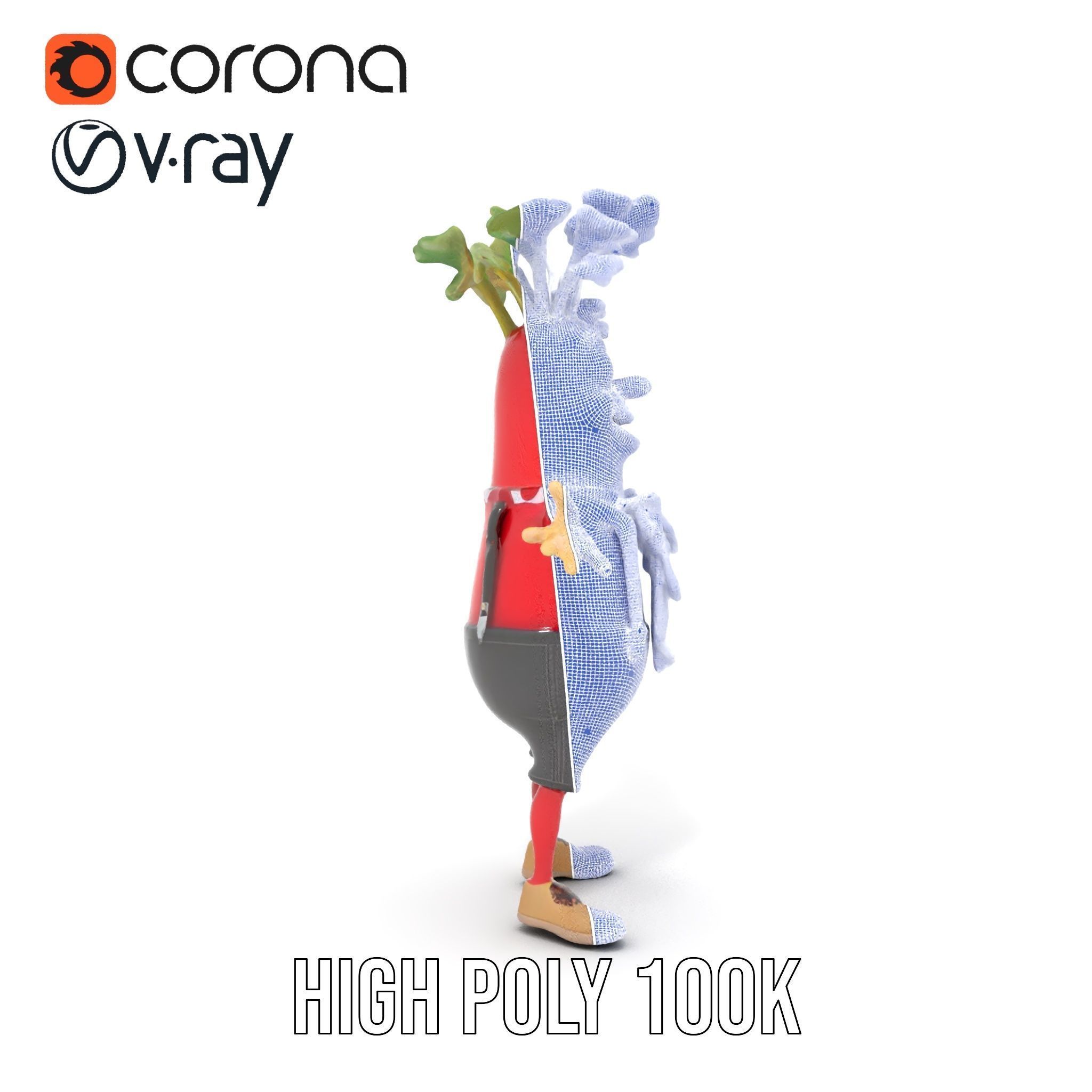 Animated Radish Character with Polka Dot Scarf Rigged and Ani... Low-poly 3D model_25