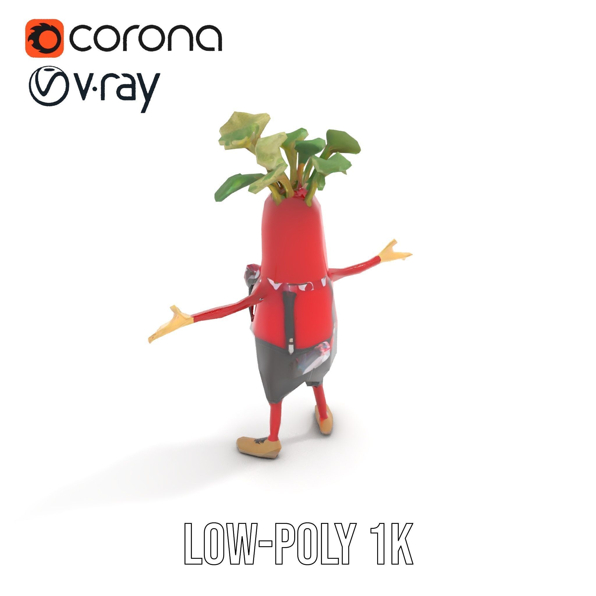 Animated Radish Character with Polka Dot Scarf Rigged and Ani... Low-poly 3D model_7