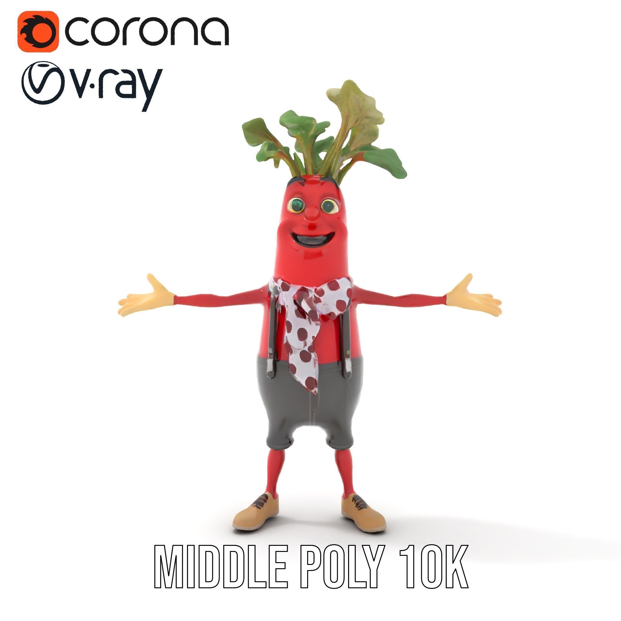 Animated Radish Character with Polka Dot Scarf Rigged and Ani... Low-poly 3D model_23