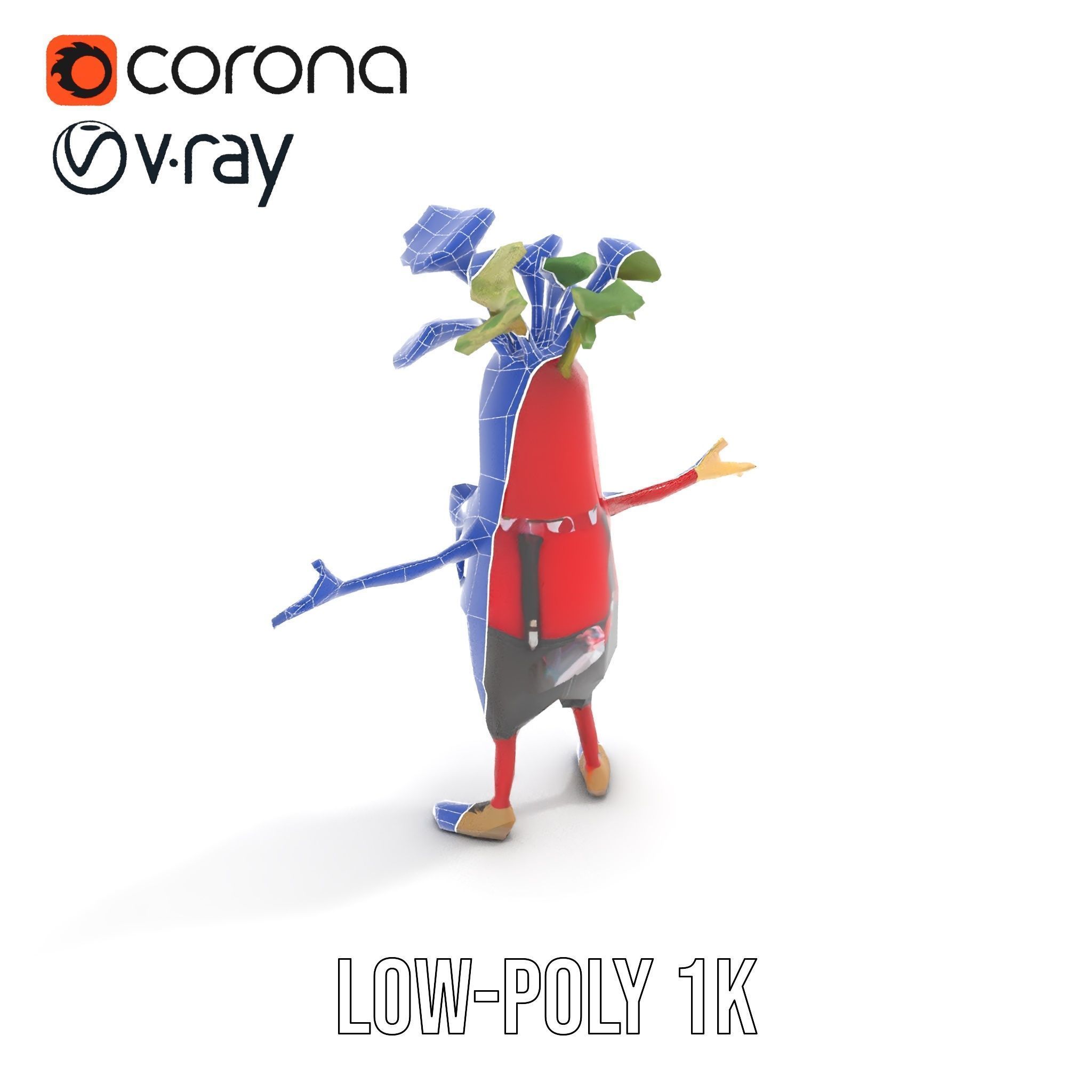 Animated Radish Character with Polka Dot Scarf Rigged and Ani... Low-poly 3D model_22