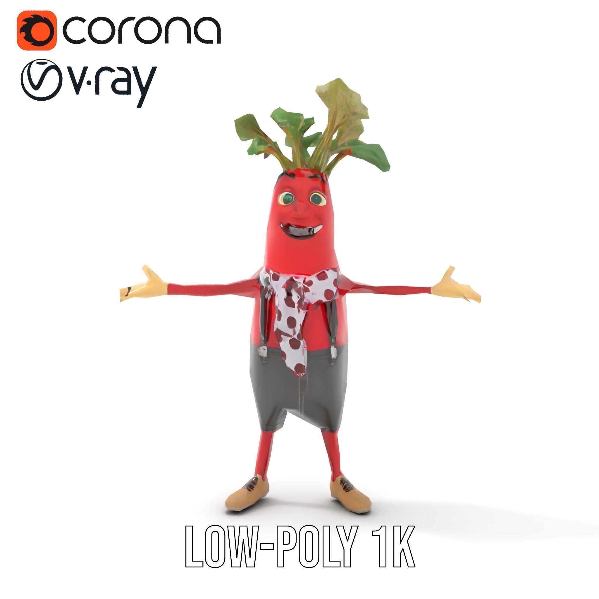 Animated Radish Character with Polka Dot Scarf Rigged and Ani... Low-poly 3D model_8