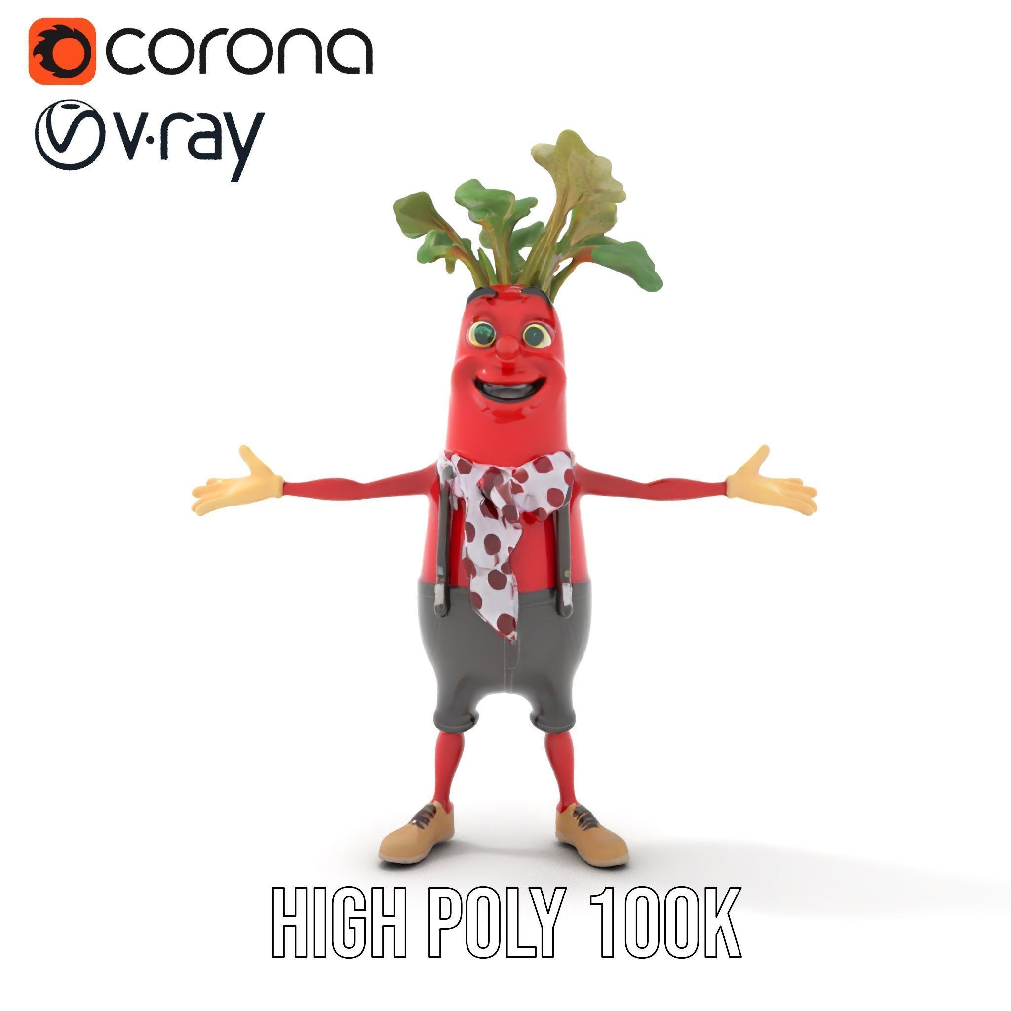 Animated Radish Character with Polka Dot Scarf Rigged and Ani... Low-poly 3D model_9