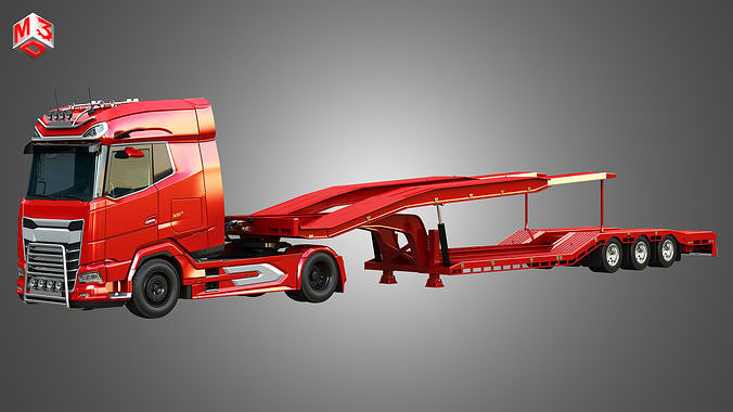Daf XG Truck with Van Transporter Trailer 3D Model Collection