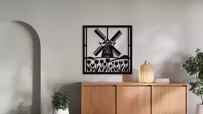 Dutch Windmill and Tulips Wall Decor Art