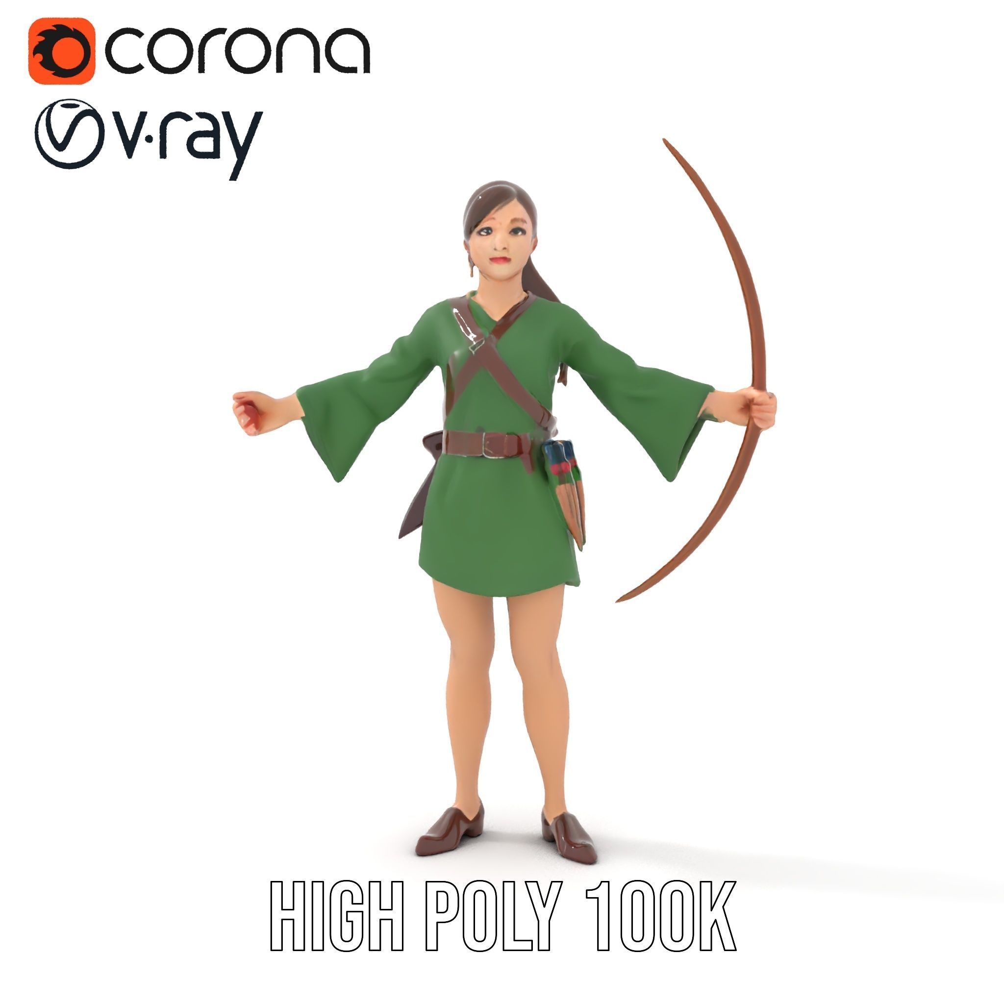 Female Archer Character Rigged and Animated D Model Low-poly 3D model_26