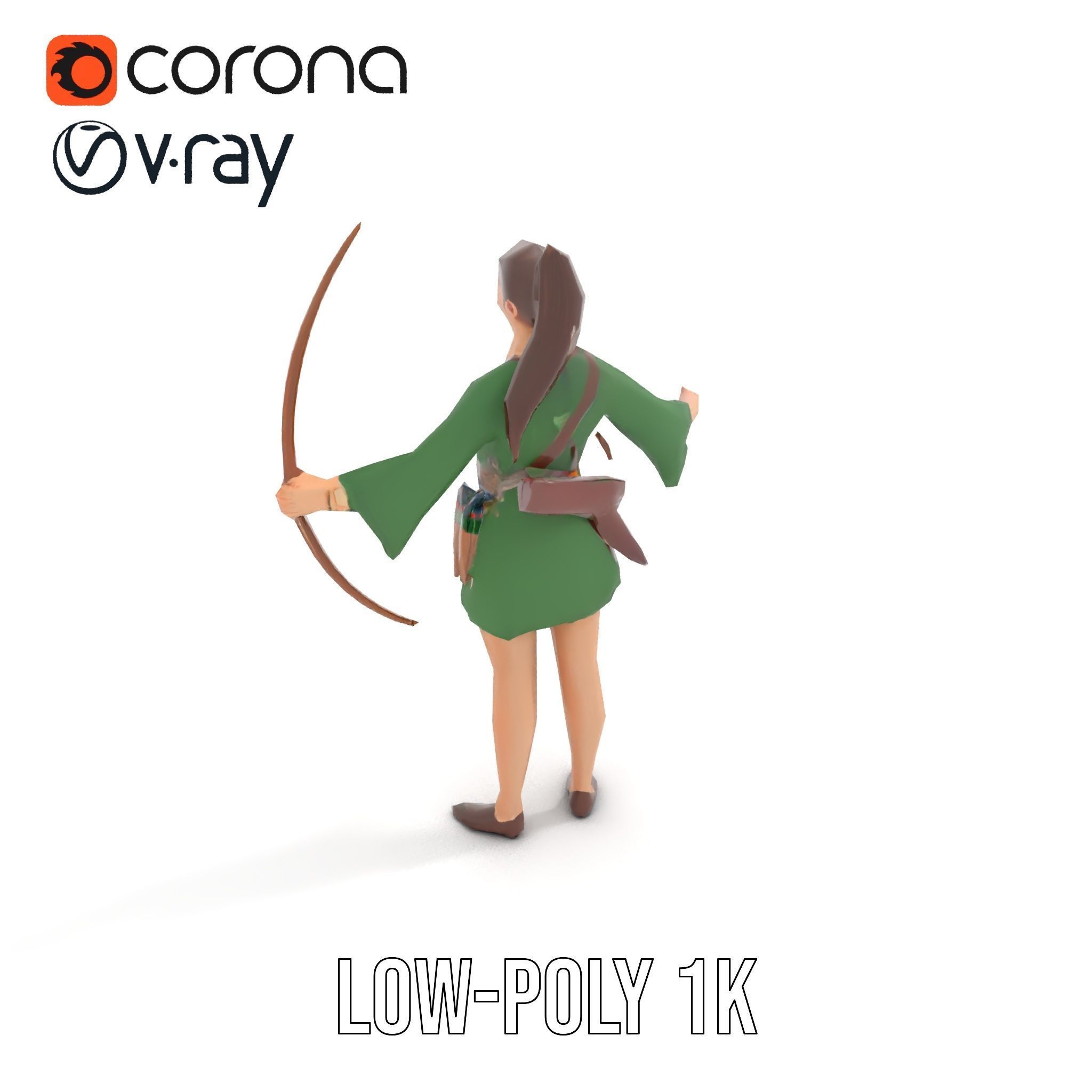 Female Archer Character Rigged and Animated D Model Low-poly 3D model_9