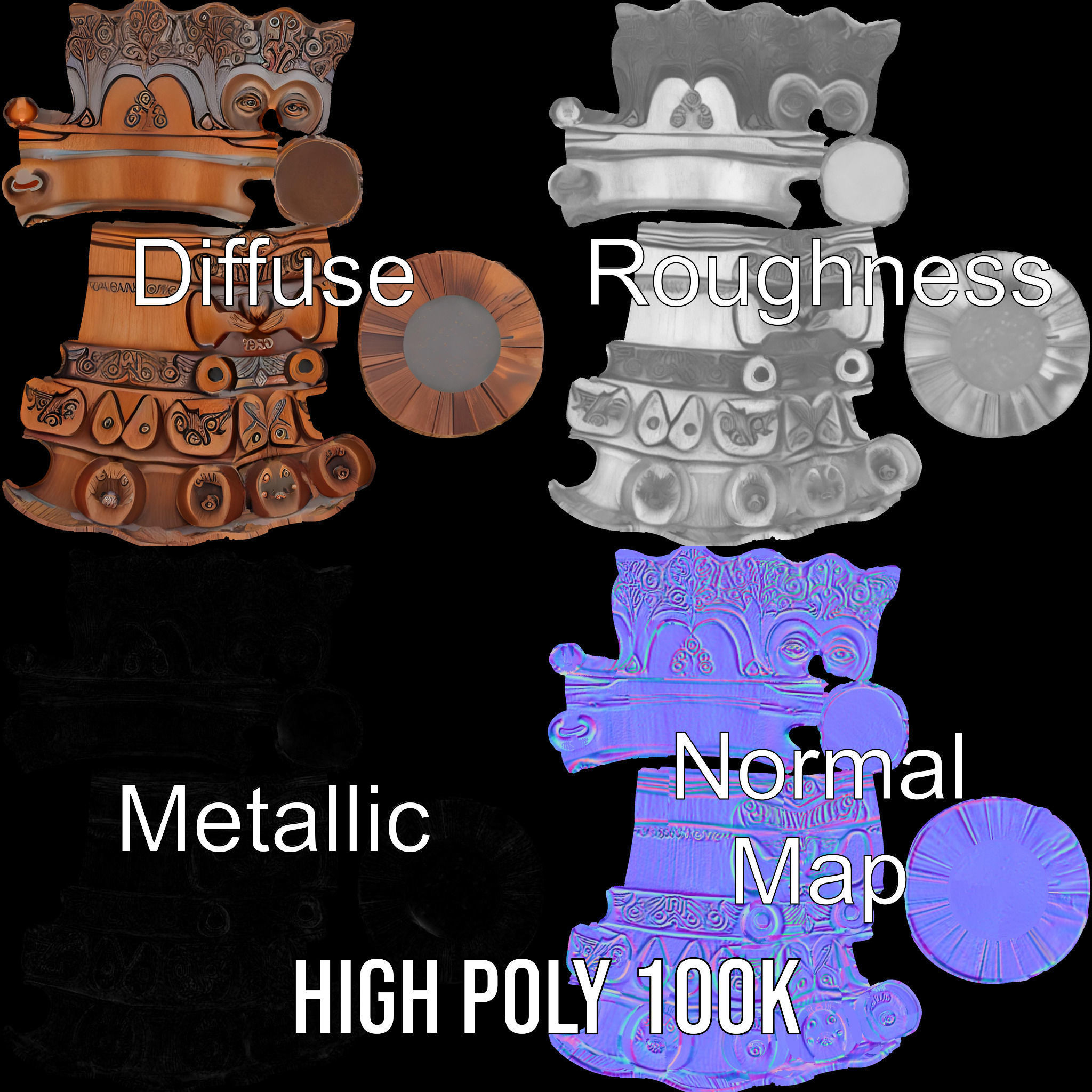 Wooden Totem Statue D Model Pack with Intricate Carvings Low-poly 3D model_3