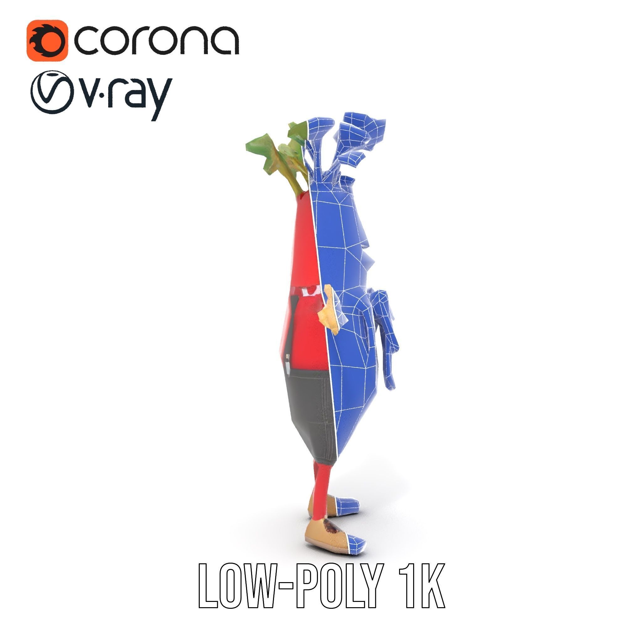 Radish Character with Polka Dot Scarf Rigged and Animated Low-poly 3D model_16