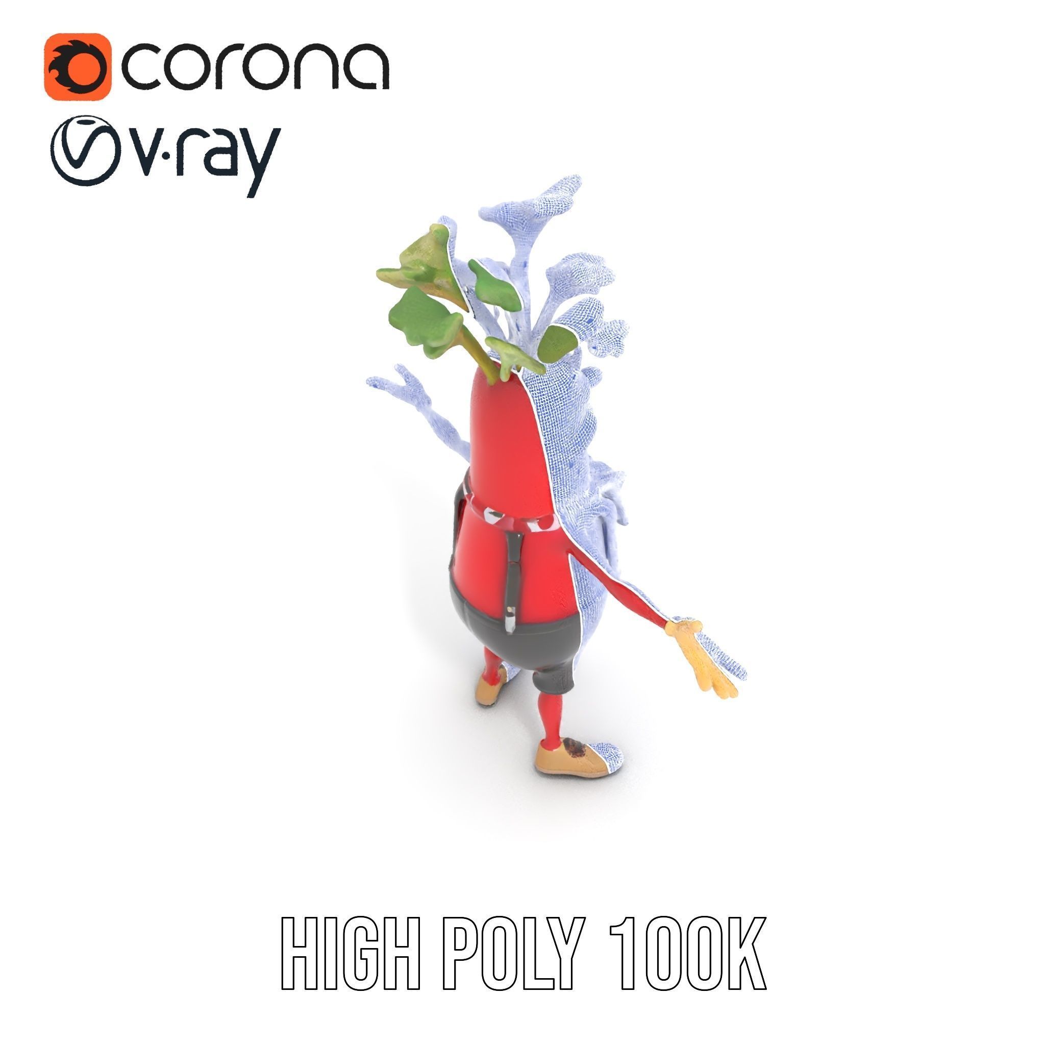 Radish Character with Polka Dot Scarf Rigged and Animated Low-poly 3D model_33