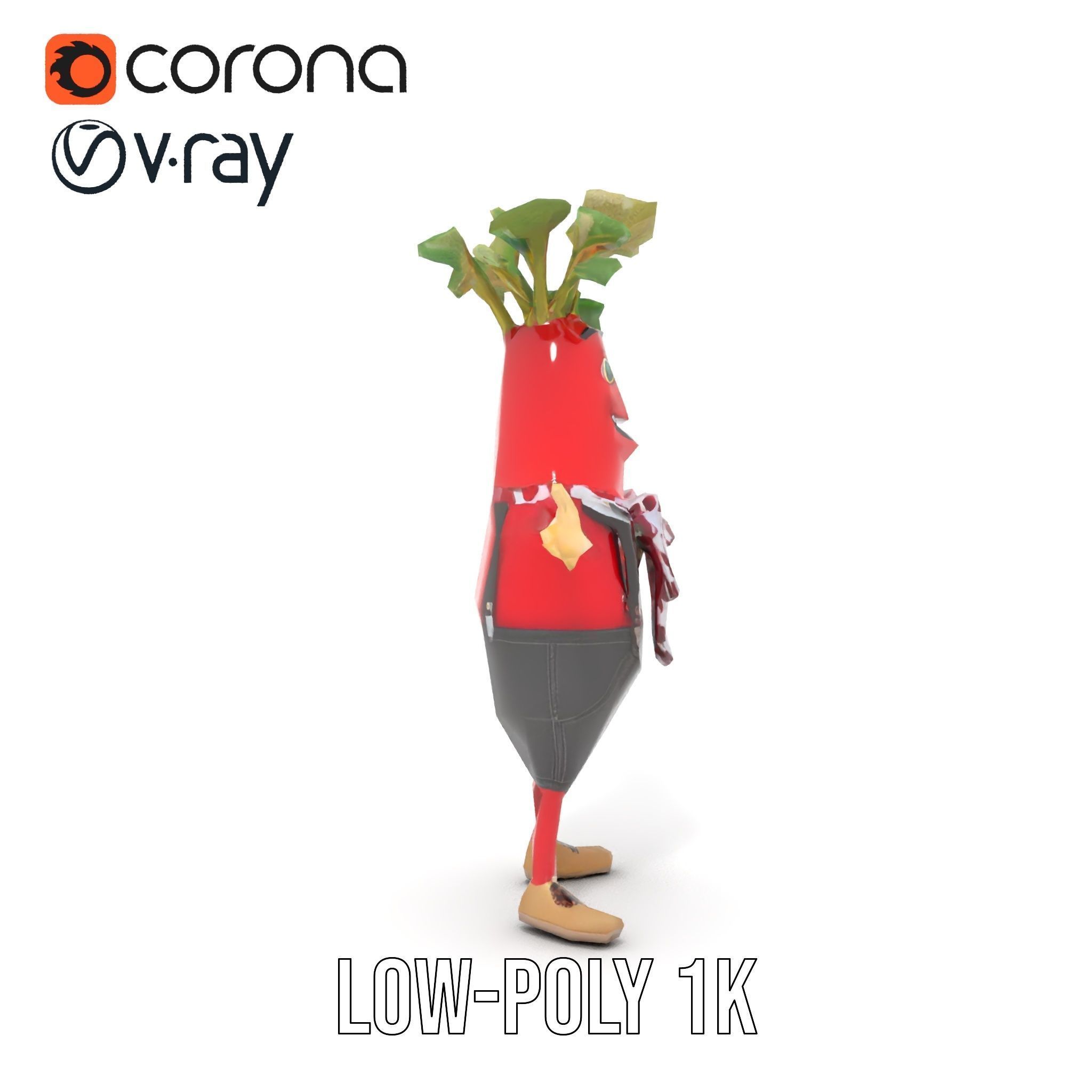 Radish Character with Polka Dot Scarf Rigged and Animated Low-poly 3D model_13