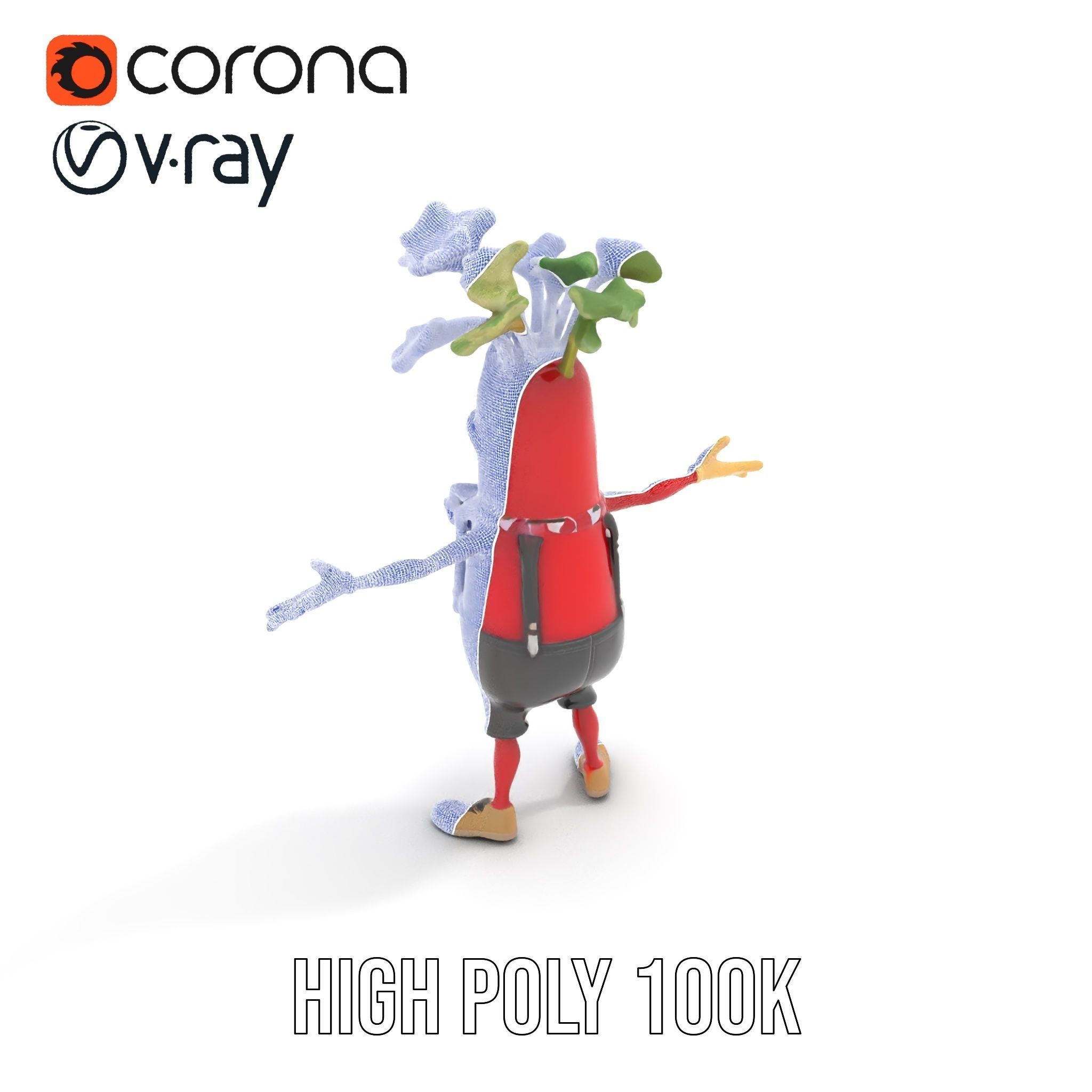 Radish Character with Polka Dot Scarf Rigged and Animated Low-poly 3D model_31