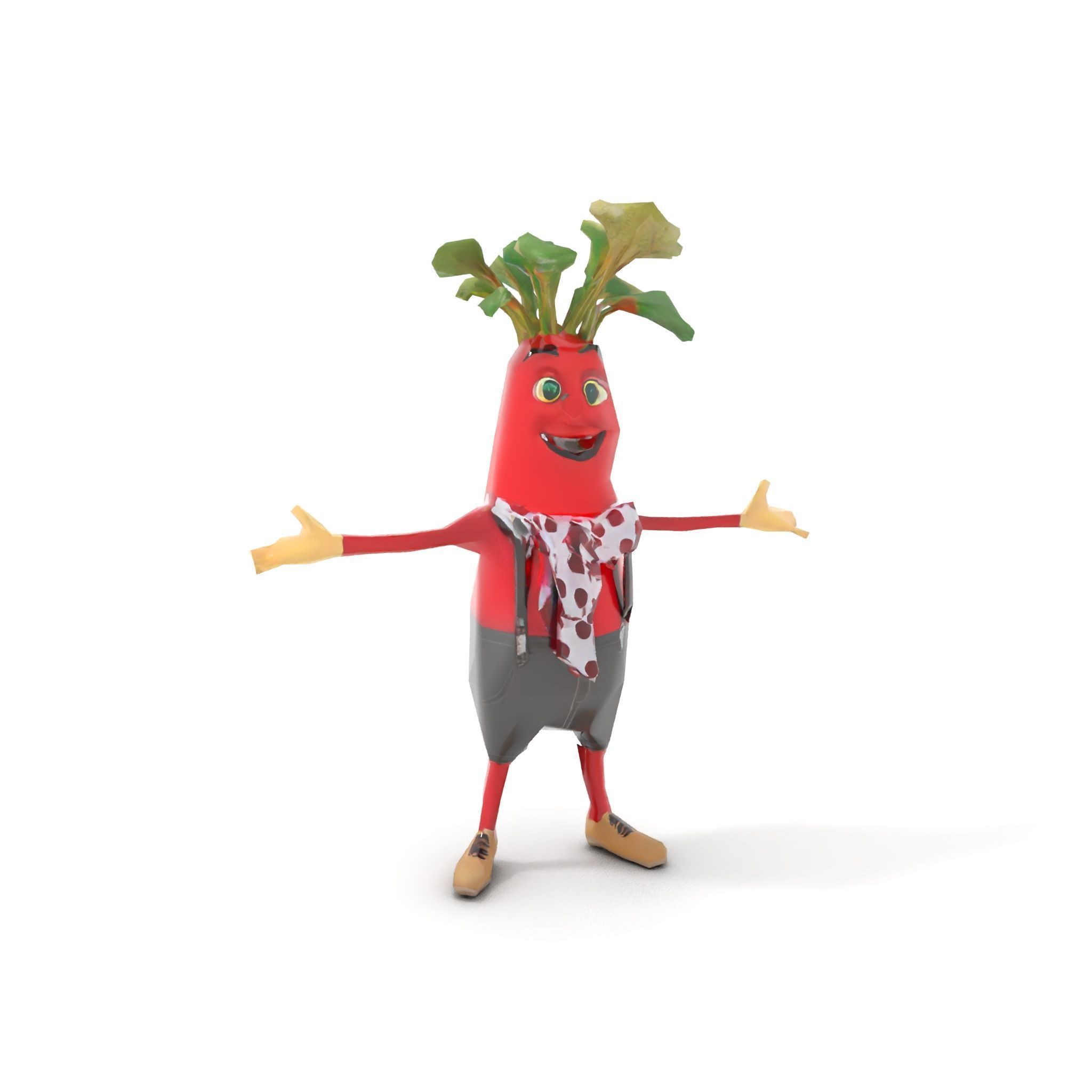 Radish Character with Polka Dot Scarf Rigged and Animated Low-poly 3D model_8