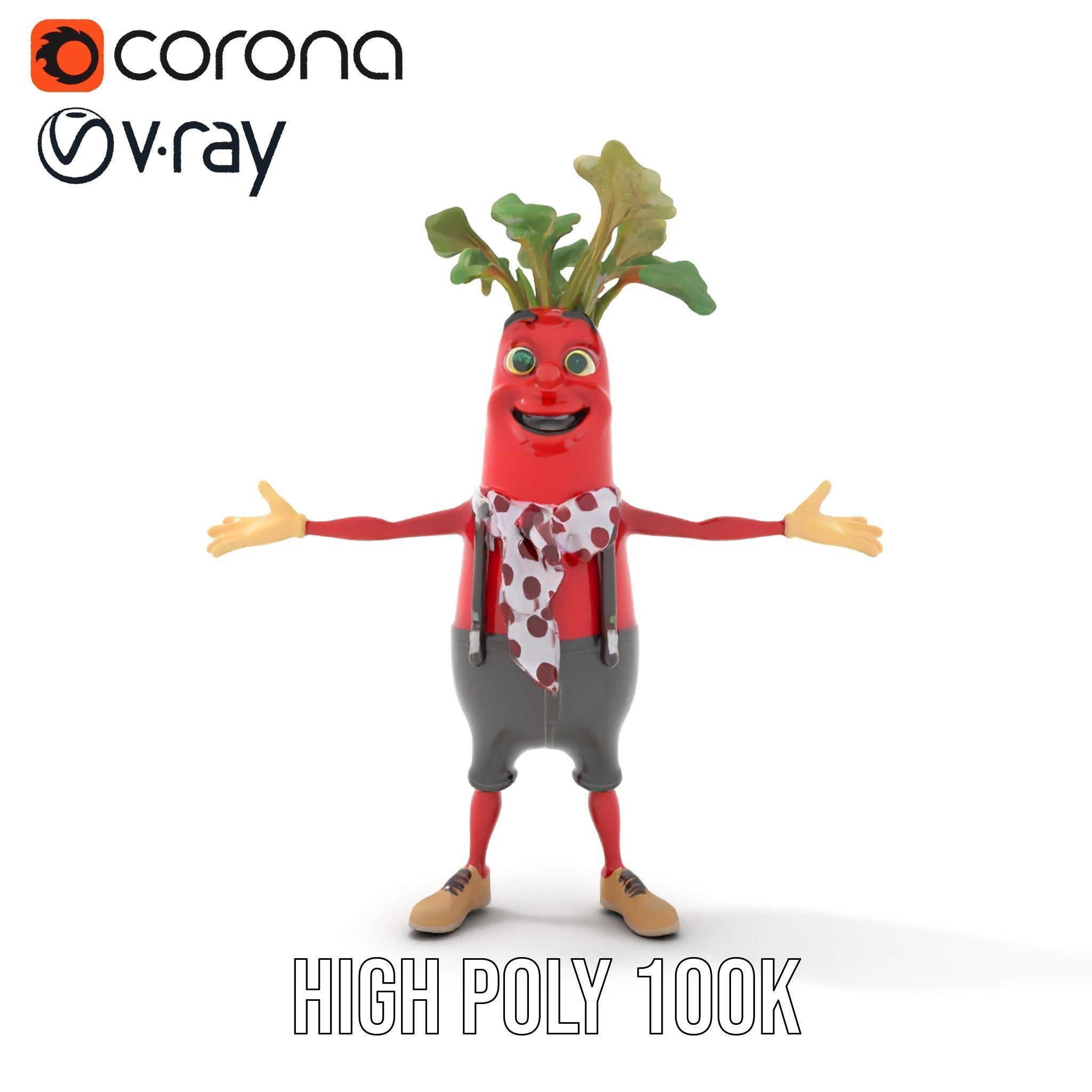 Radish Character with Polka Dot Scarf Rigged and Animated Low-poly 3D model_14