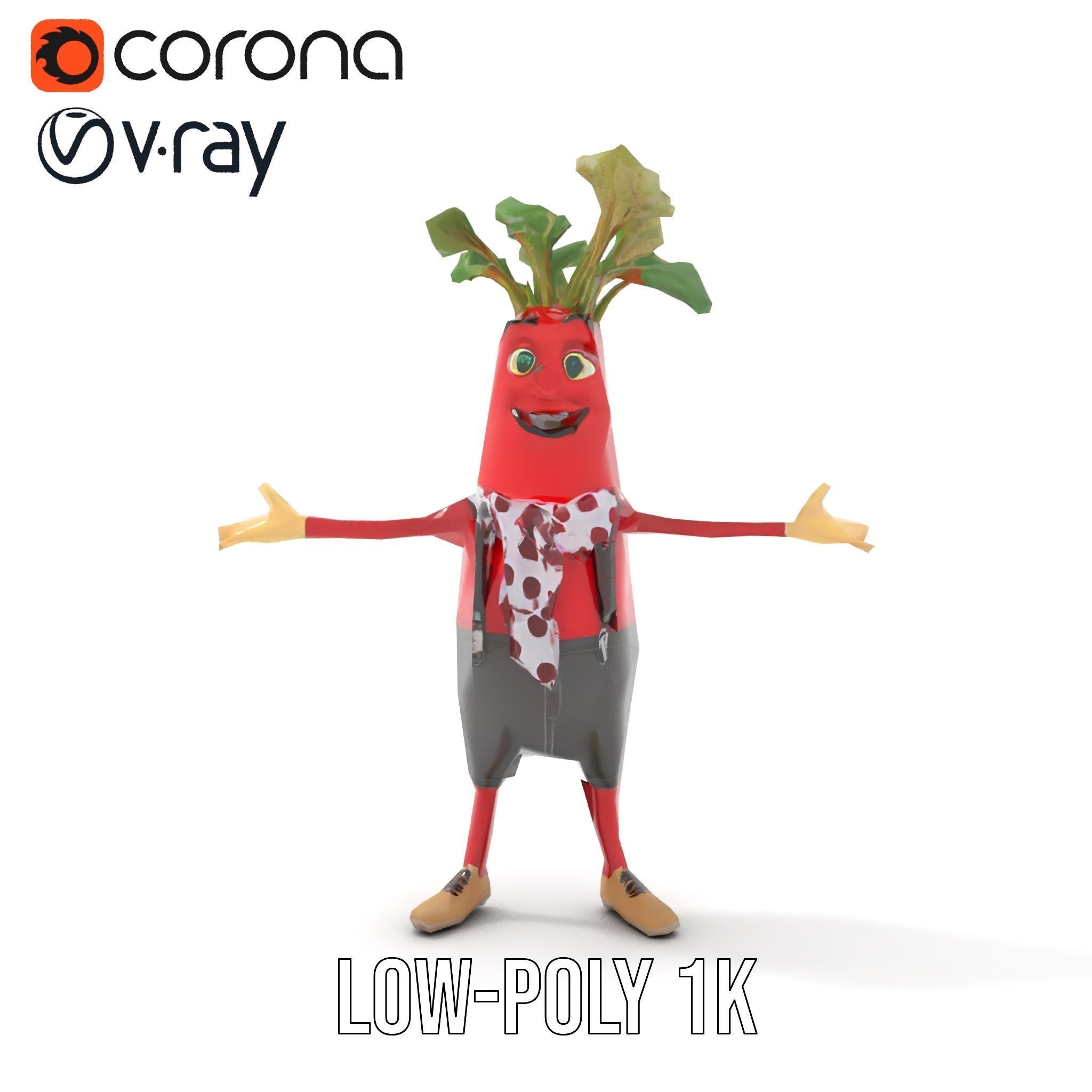 Radish Character with Polka Dot Scarf Rigged and Animated Low-poly 3D model_10