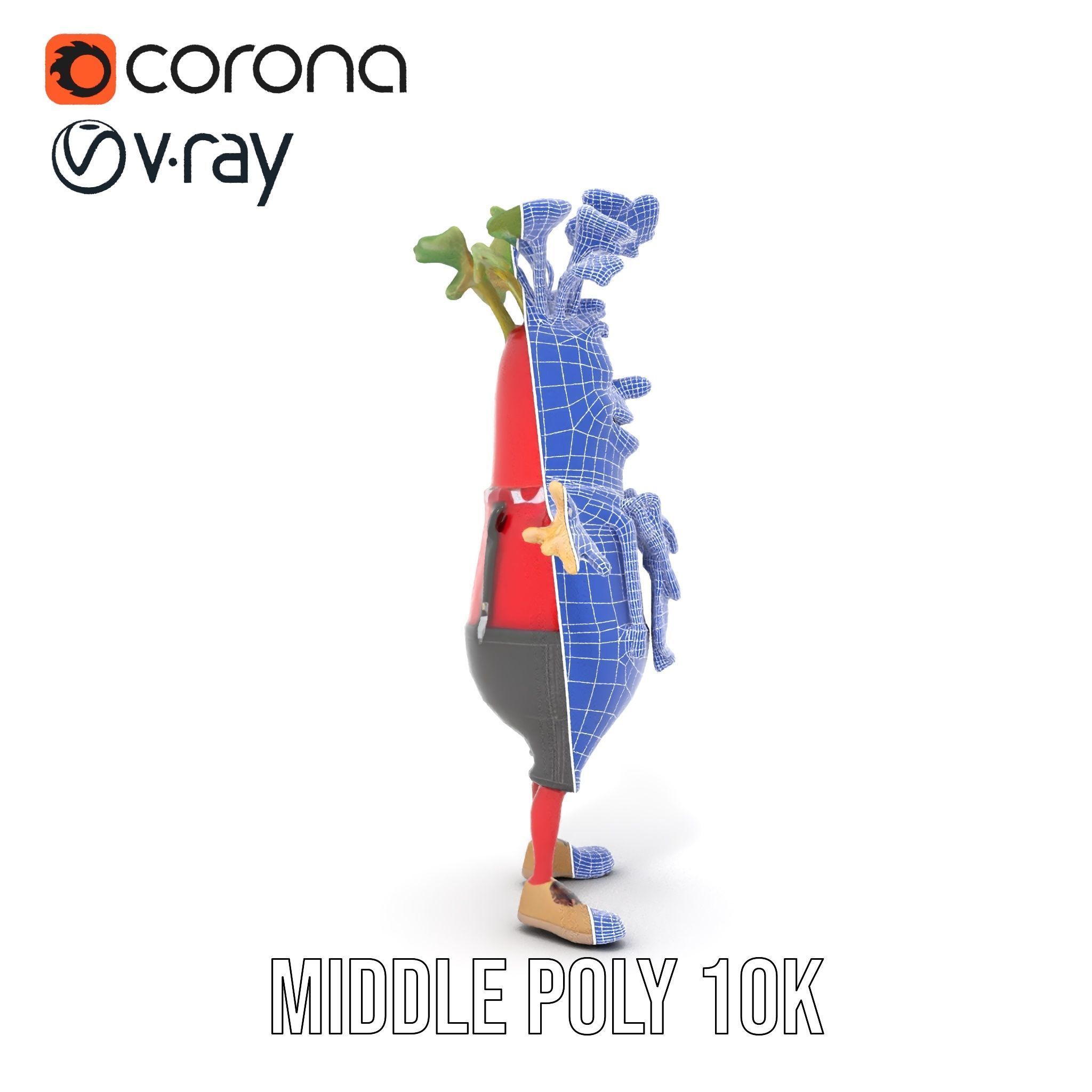 Radish Character with Polka Dot Scarf Rigged and Animated Low-poly 3D model_34