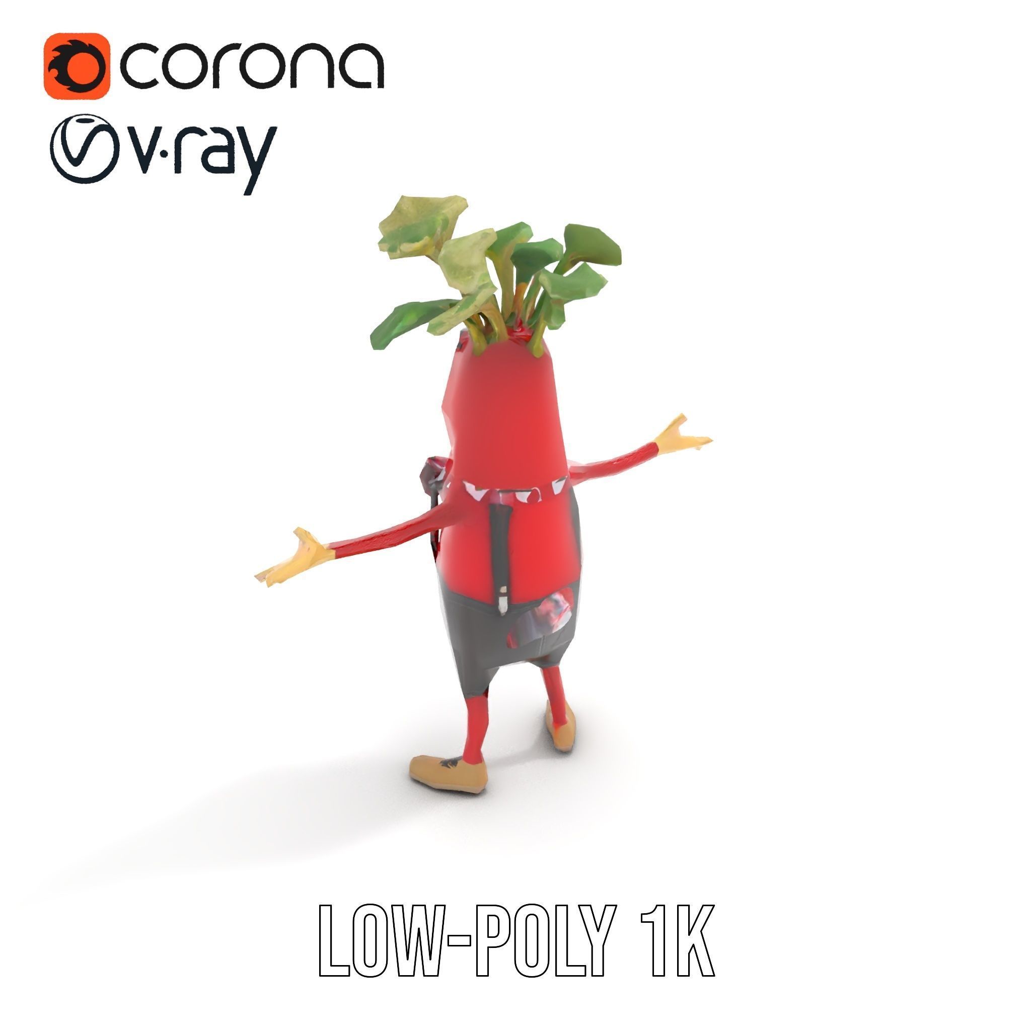 Radish Character with Polka Dot Scarf Rigged and Animated Low-poly 3D model_18