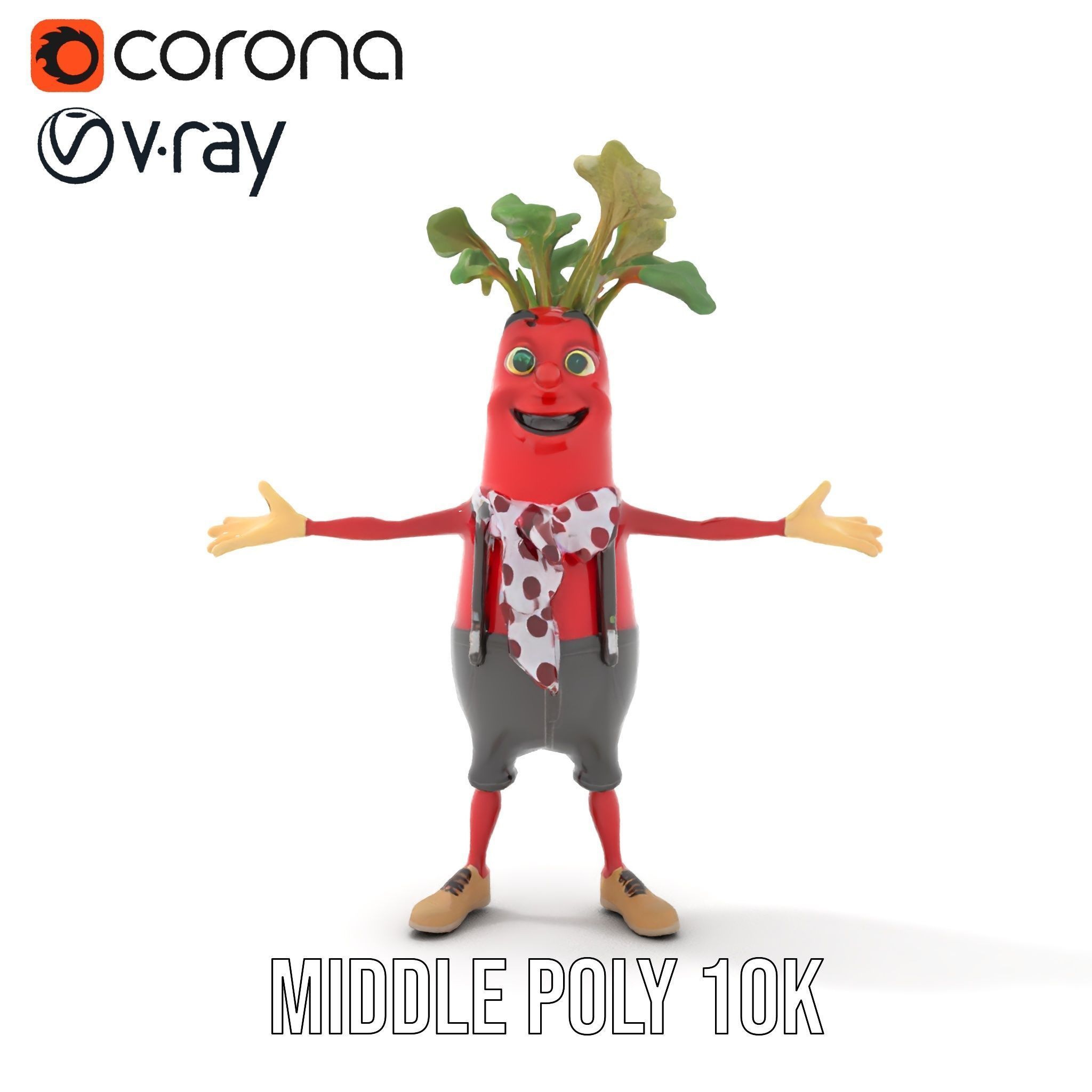 Radish Character with Polka Dot Scarf Rigged and Animated Low-poly 3D model_9