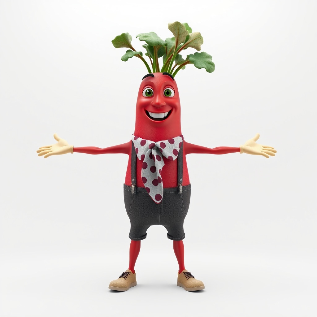 Radish Character with Polka Dot Scarf Rigged and Animated Low-poly 3D model_2