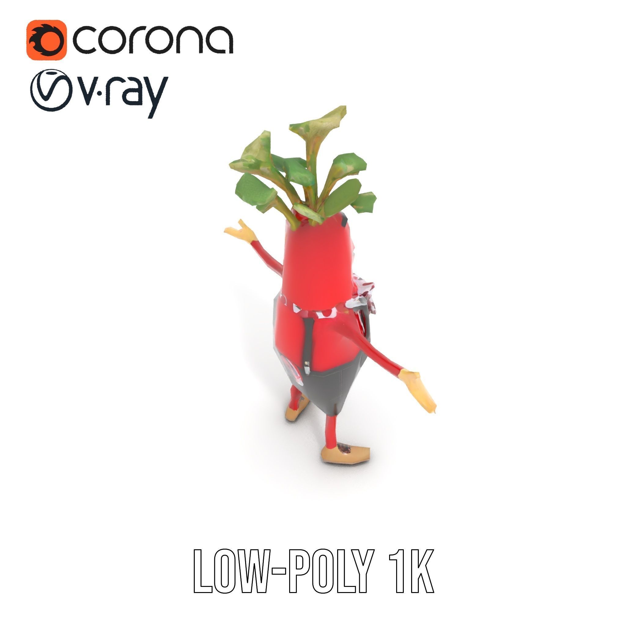 Radish Character with Polka Dot Scarf Rigged and Animated Low-poly 3D model_7