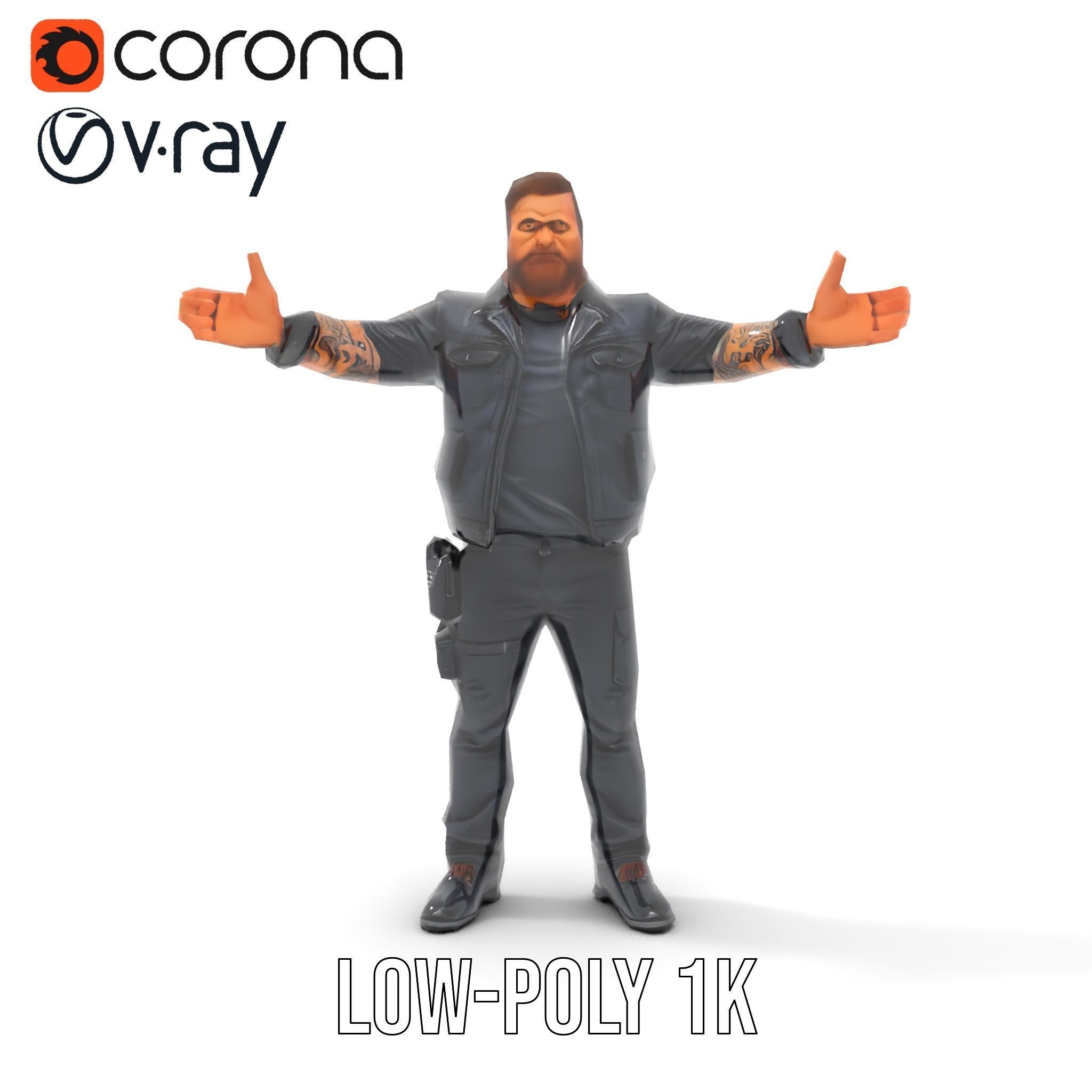 Male Mercenary Character with Leather Jacket Rigged and Animated Low-poly 3D model_8
