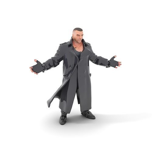 Tough Male Character in Black Trench Coat Rigged and Animated Low-poly 3D model