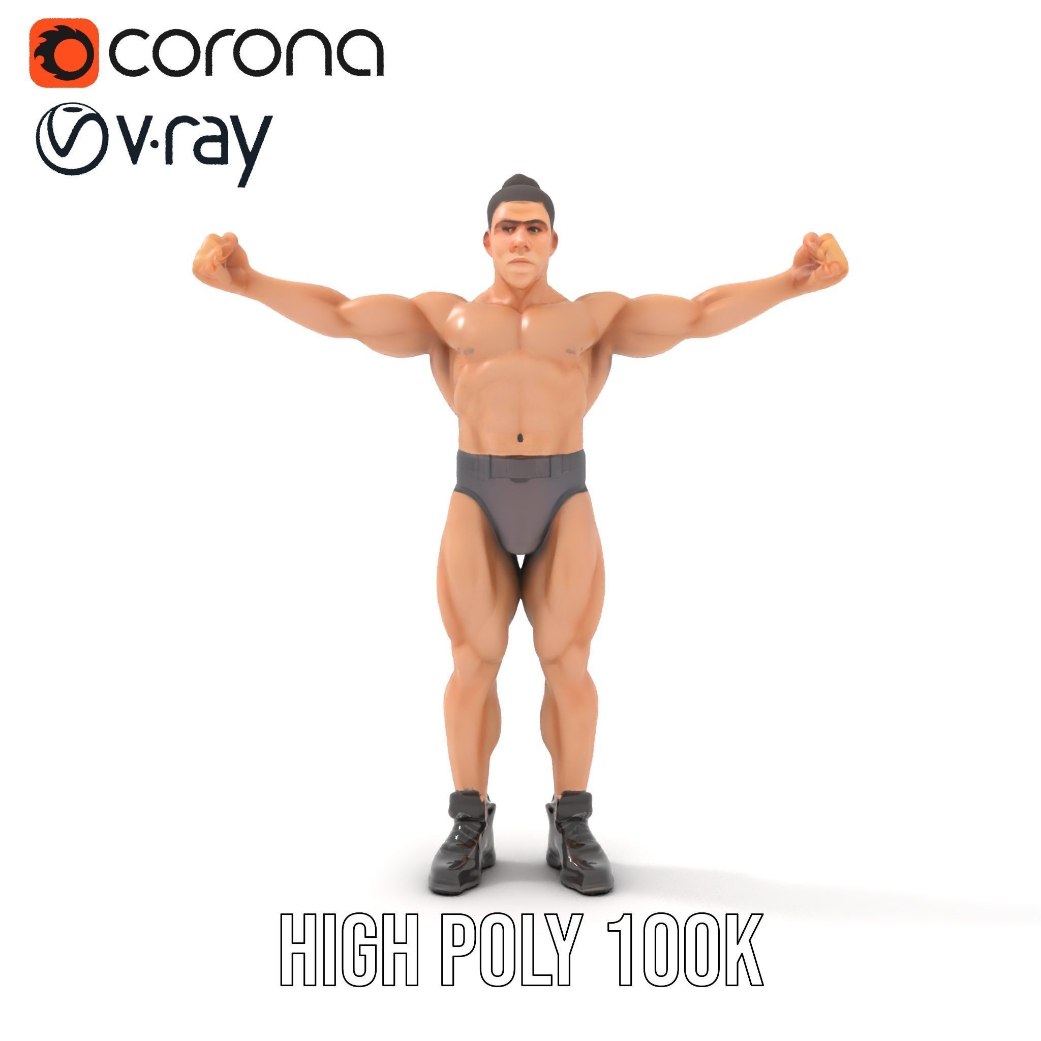 Muscular Male with Bun Rigged and Animated D Character Model Low-poly 3D model_23