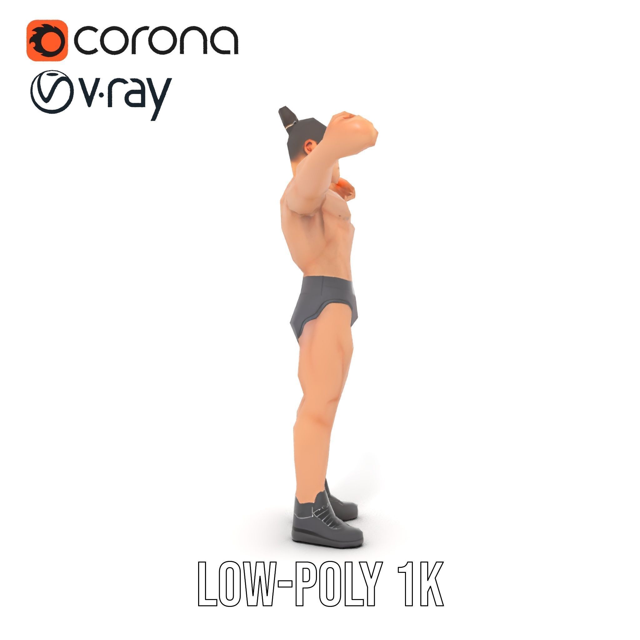 Muscular Male with Bun Rigged and Animated D Character Model Low-poly 3D model_8