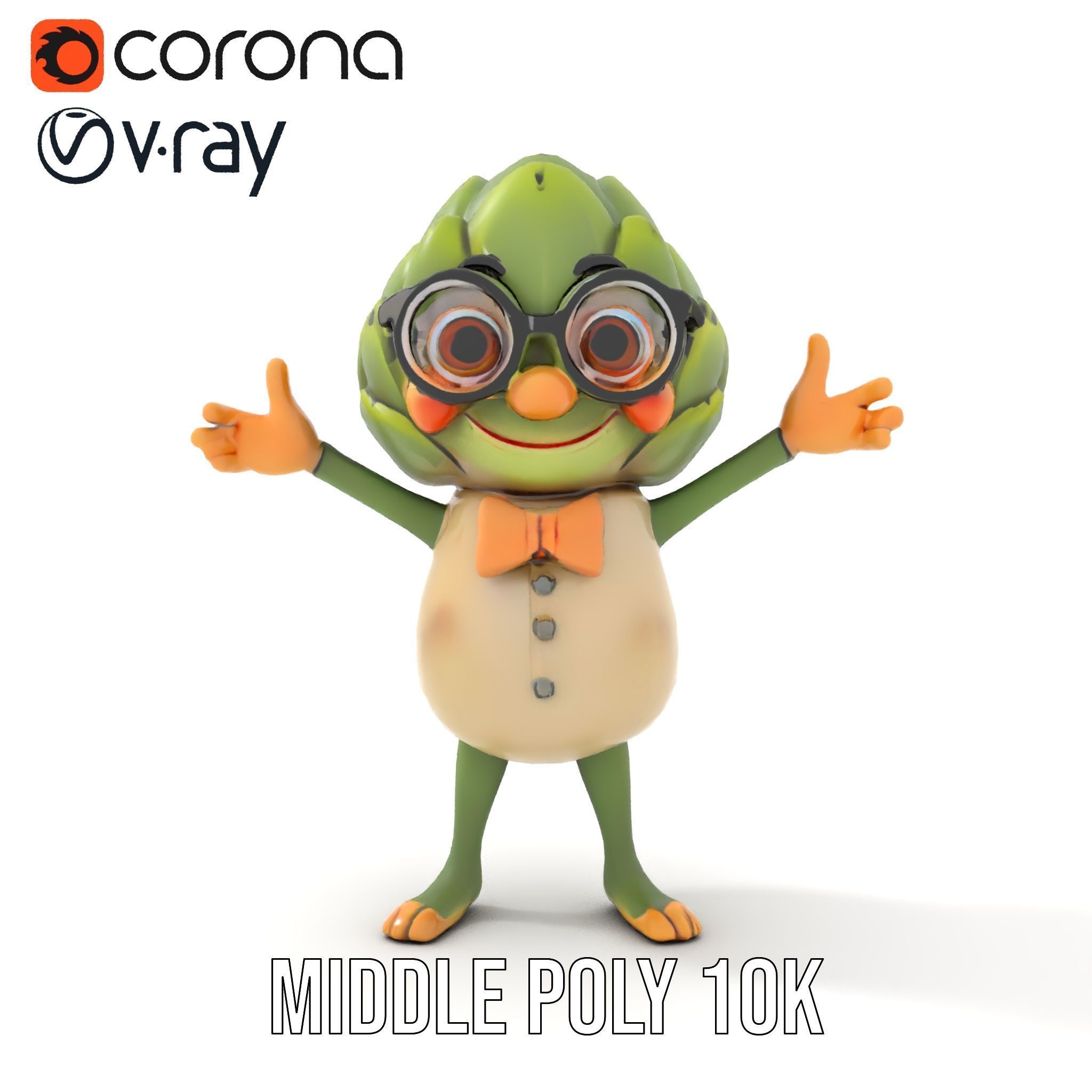 Artichoke Character Rigged and Animated with Glasses and Bowtie Low-poly 3D model_31