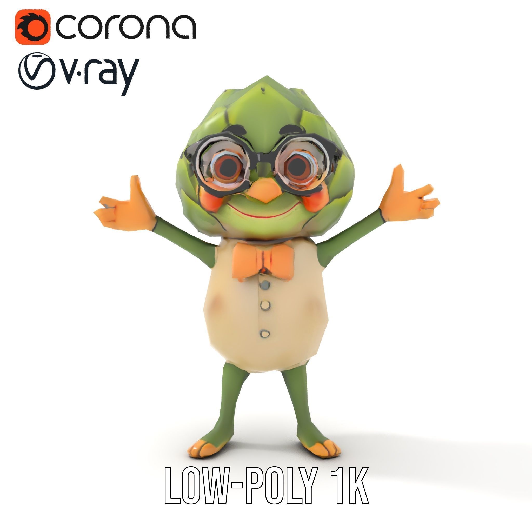 Artichoke Character Rigged and Animated with Glasses and Bowtie Low-poly 3D model_26